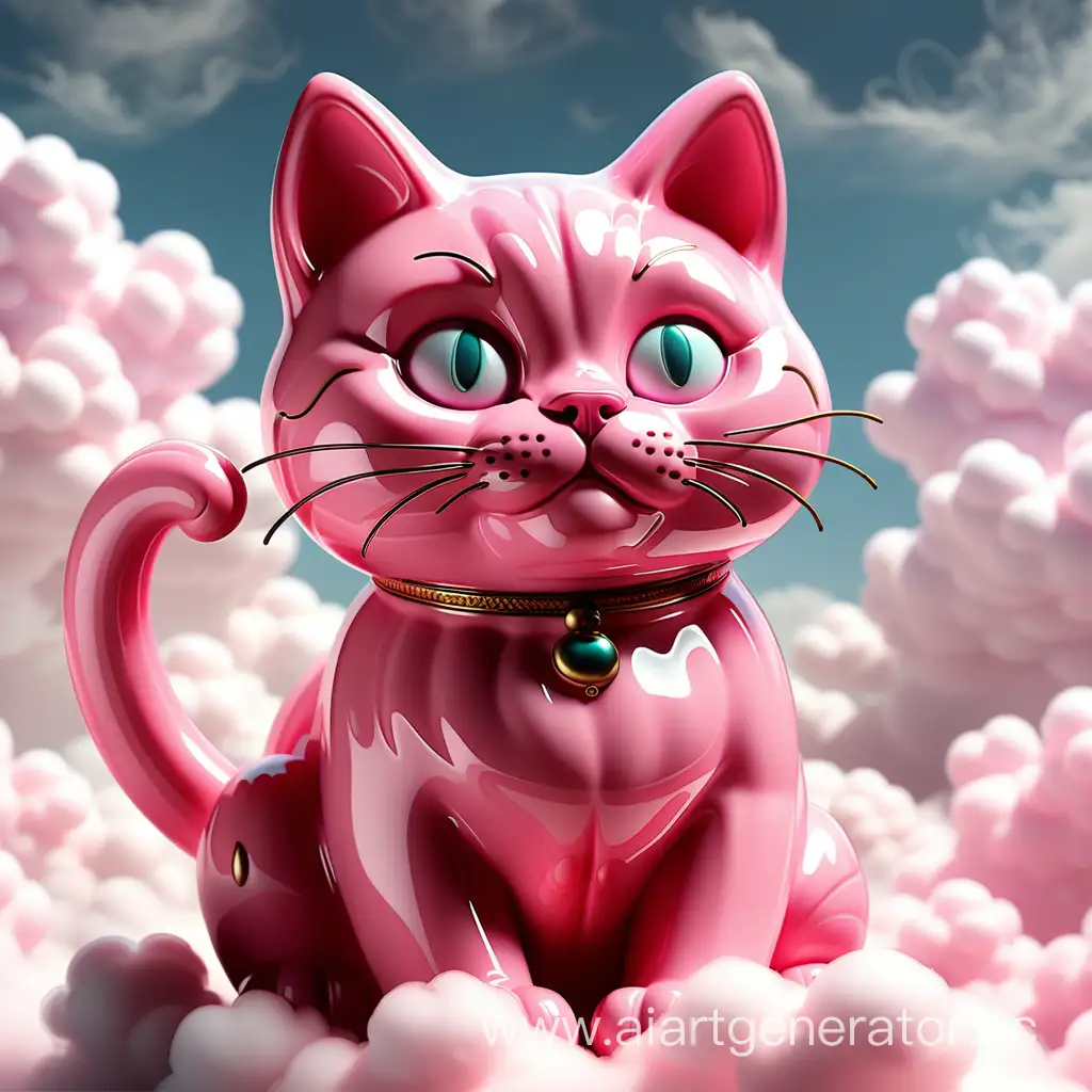 Мультяшная розовая кошка из стекла в облаках. 