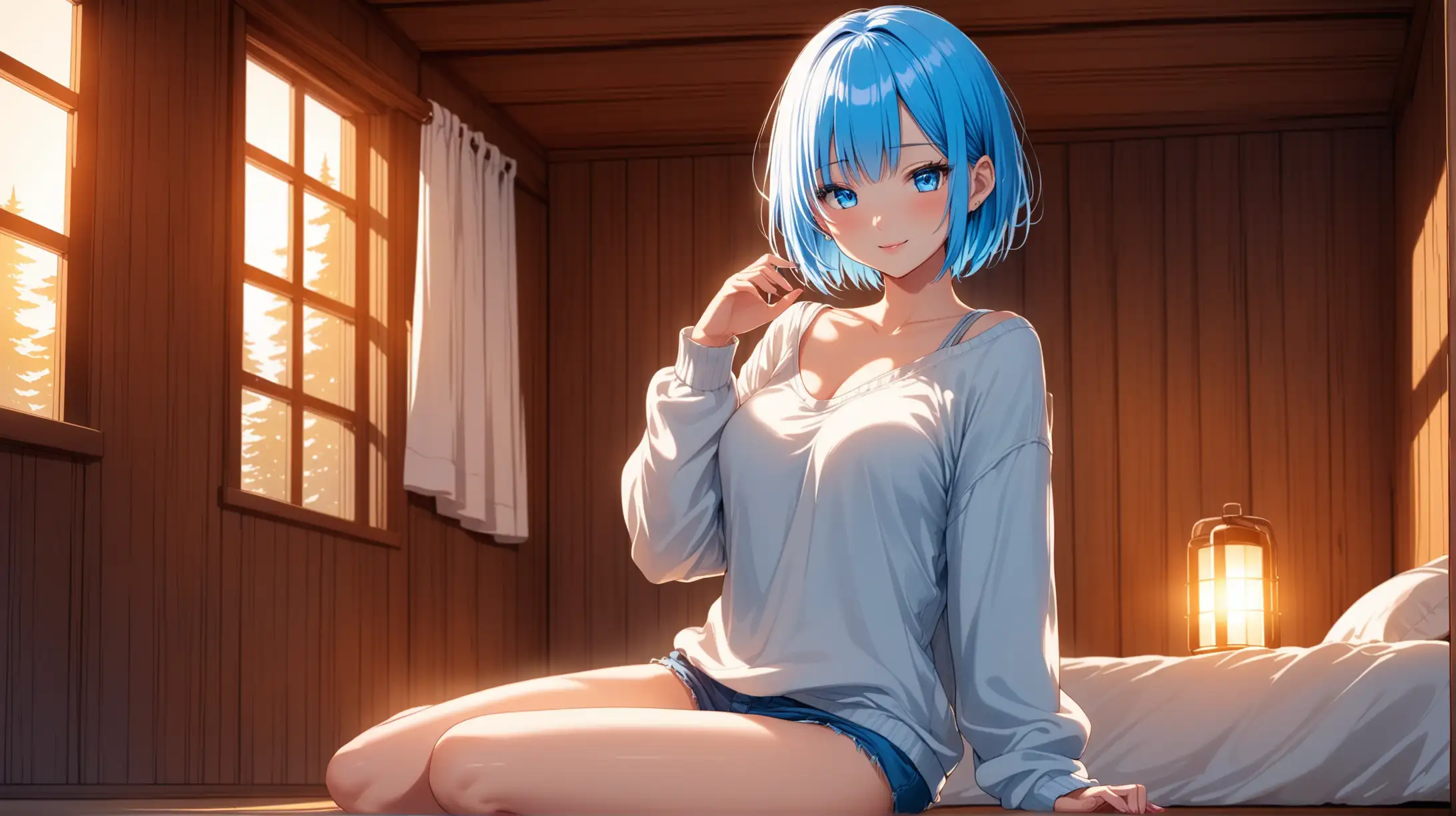 Draw the character Rem, blue eyes, high quality, indoors, cabin, ambient lighting, long shot, in a seductive pose, wearing a casual outfit, looking at the viewer with a loving smile