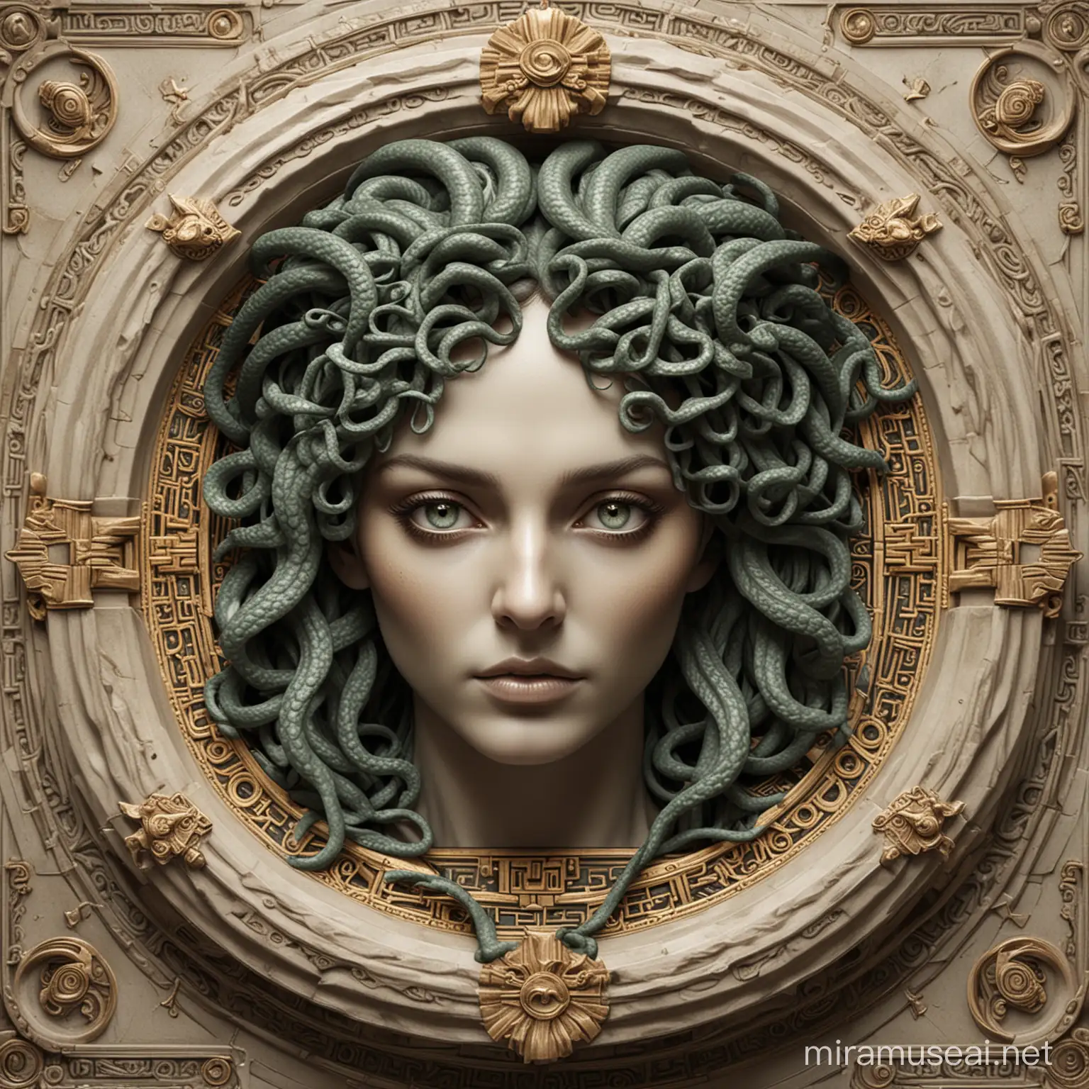 Hyper-detailed, realistic image of Medusa, from Greek mythology. Striking image face on, looking into her eyes. Surrounded by an art deco geometric frame. 