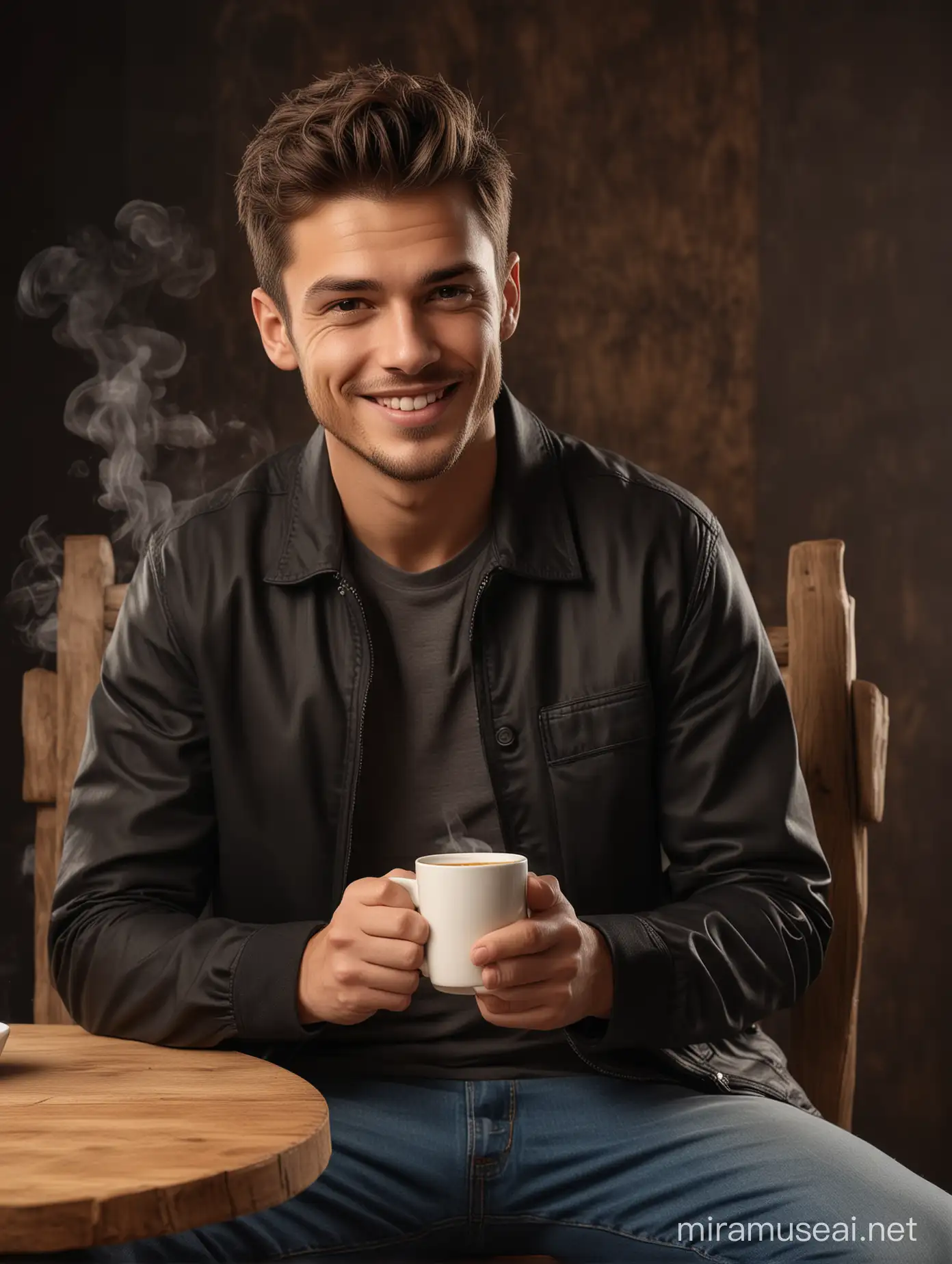 Stylish Young Man Enjoying Coffee Break in Rustic Setting
