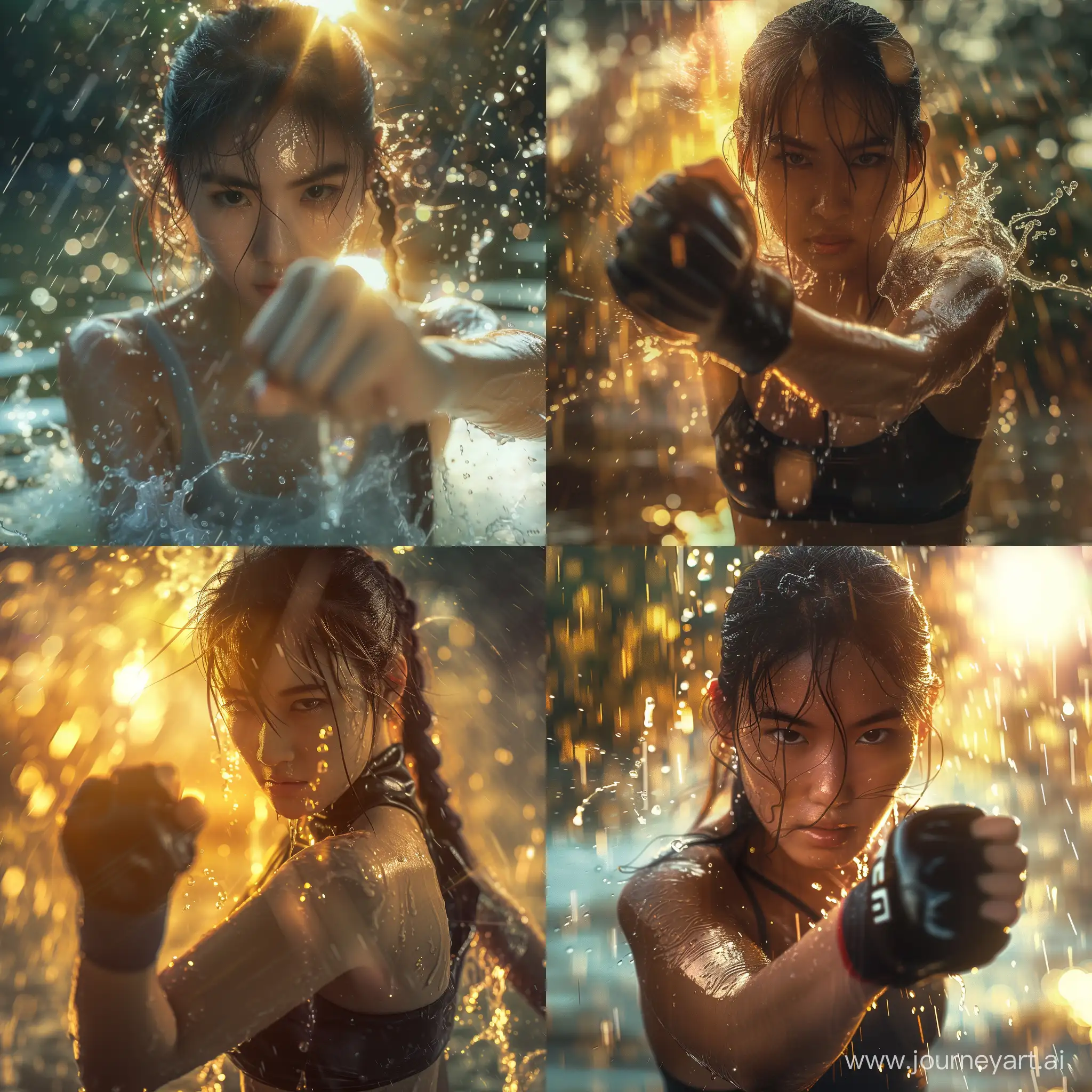 full body photo of a beautiful female asian adult women. well porportioned build. modern mixed martial arts cosplay. street fighter light colour yoga costume . fist hitting water, serious expression. In the tropical rainforest, raining heavily everywhere, the ground is flooded, and water splashes everywhere. 300mm tele zoomed in shot of full-body, f2.8 large aperture with shallow depth of field. morning sunlight . Backlight, flare, moon beam. realistic Rough skin texture