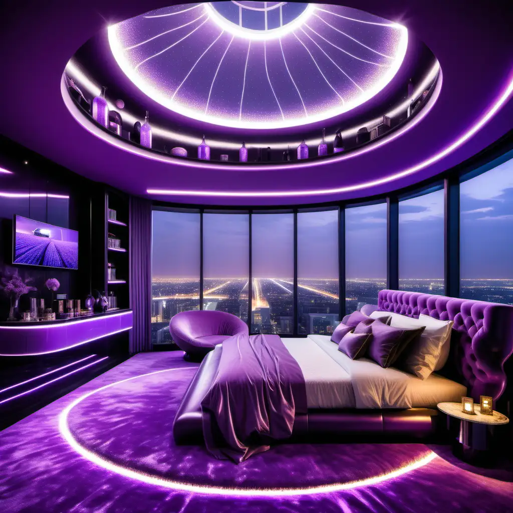 luxurious futuristic penthouse with a gigantic Lavender bedroom in a city night