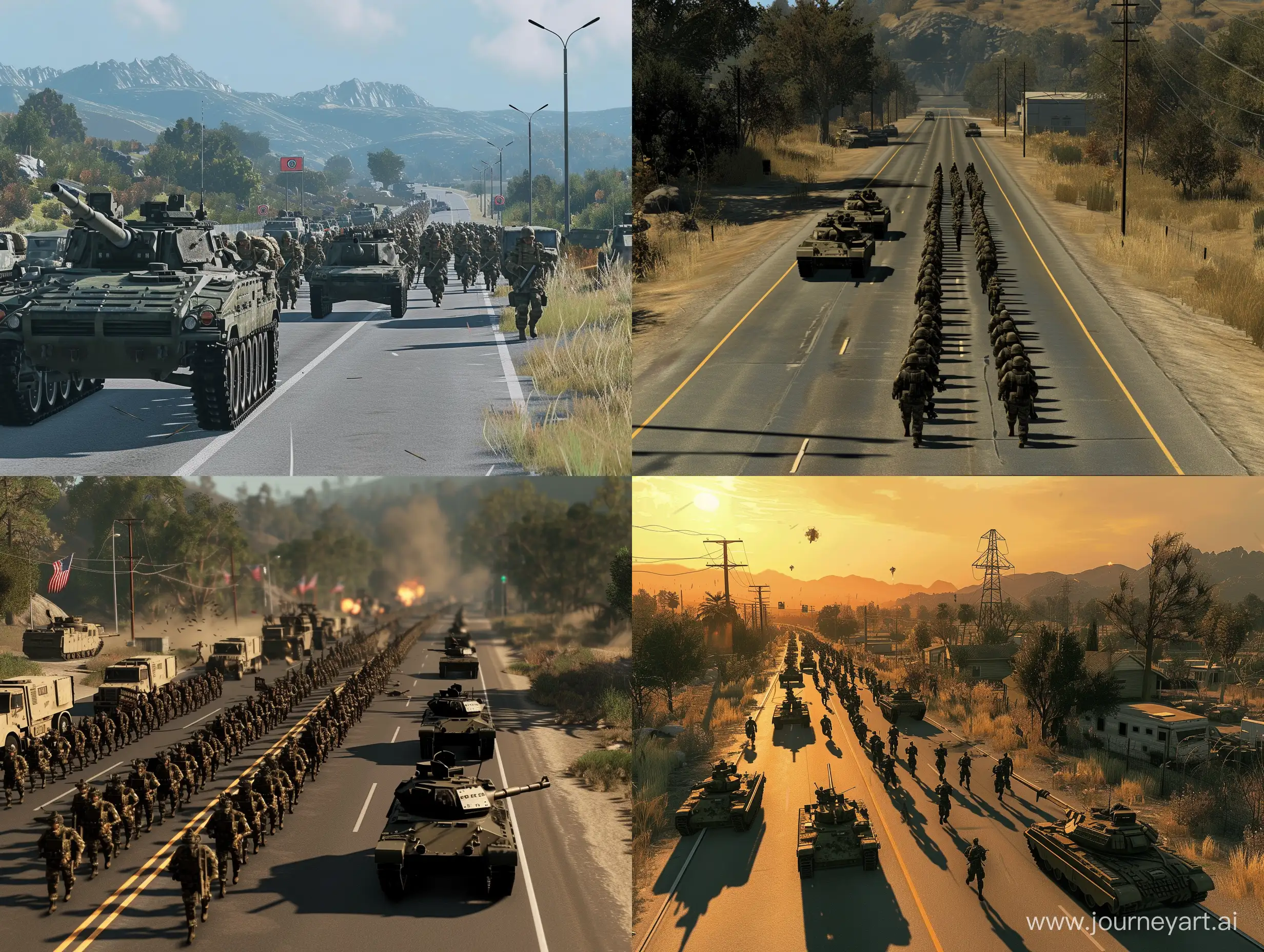 a screenshot capturing The US army is marching down the road with vehicles and tanks, daytime, photorealistic, natural lighting, full view
