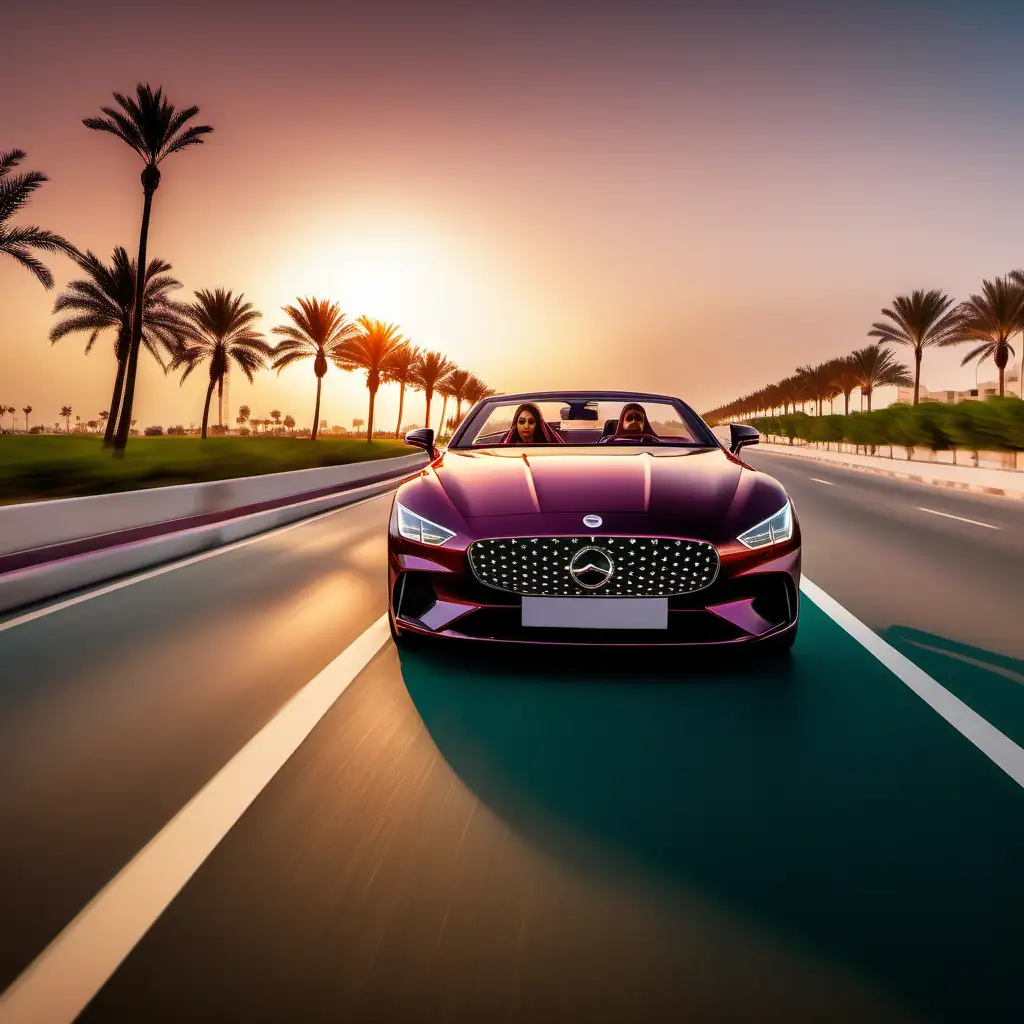 Opening shot of a sleek luxury car cruising down a palm-lined road against the backdrop of a vibrant sunset. driving the car, a young Qatari woman, Sarah, age 32, is driving with a determined expression.