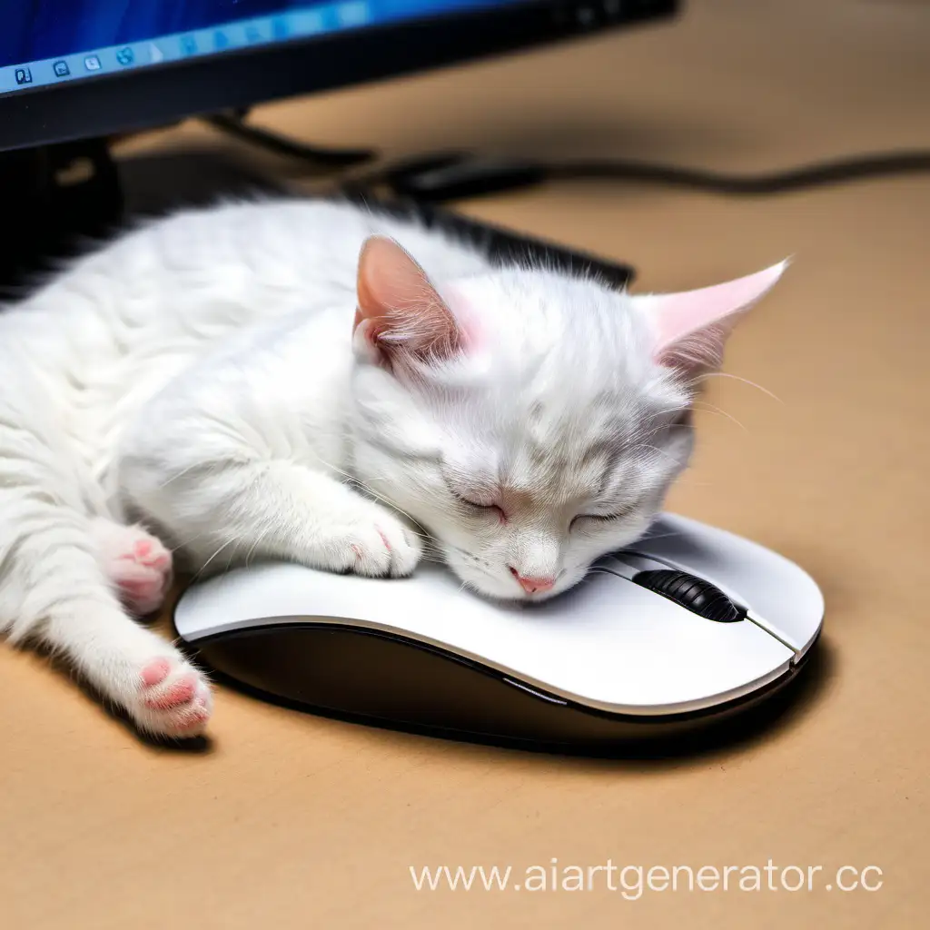 маленький котик спит на компьютерной мышке