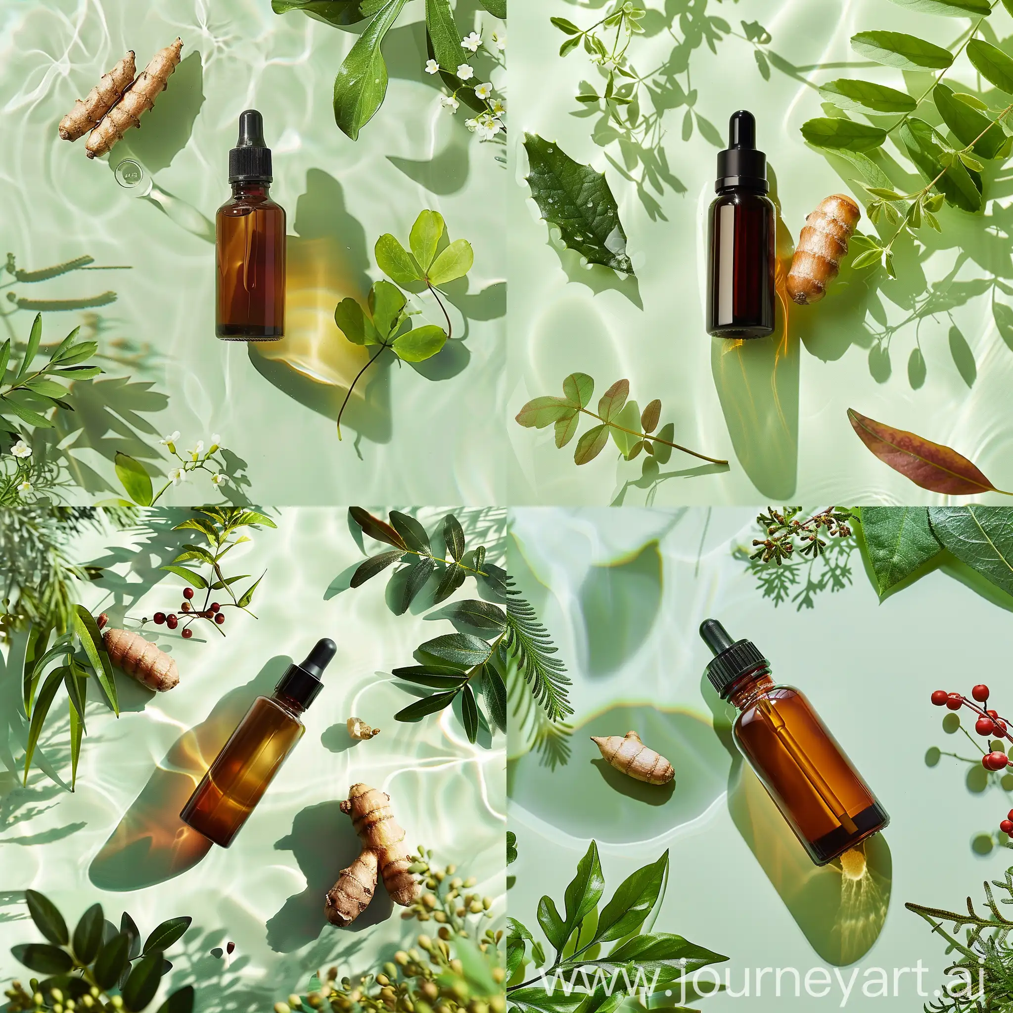Product: Brown glass cosmetic bottle
Background: cosmetic bottle lying on light green water
Factors:

Soft focus
Ginger, perilla leaves, multiflora, and mistletoe float on the water surface around the product
Elegant light
Reflection on the water surface
The atmosphere is quiet
Style: fresh, natural, quiet
Aspect ratio: 16:9