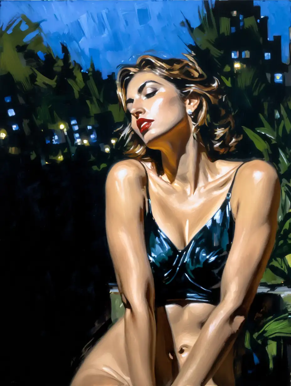 (naked:1.3) woman , bra , medium teardrop breasts , sitting in garden , looking to side ,  cooper hair ,  (night scene:1.3) , painting style  expressionism , jagged lines, painting by (Fabian Perez:1.3)