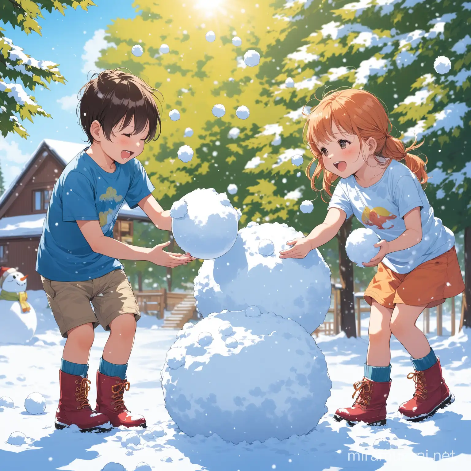 kids playing with snowballs, with t-shirt and snow boots on a summer day.