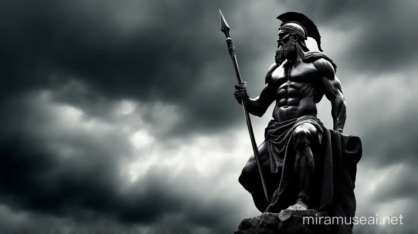 Generate an image featuring a Greek middle age spartan warrior portrayed as a black statue, The background should be dark and cloudy, creating a mysterious and atmospheric ambiance, The man is sitting calmly, adorned with a long beard on his cheek, and draped in a single shoulder cloth, To enhance the scene, he holds a sword in his hand, embodying strength, wisdom, and tranquility amidst the dark, cloud-covered surroundings,