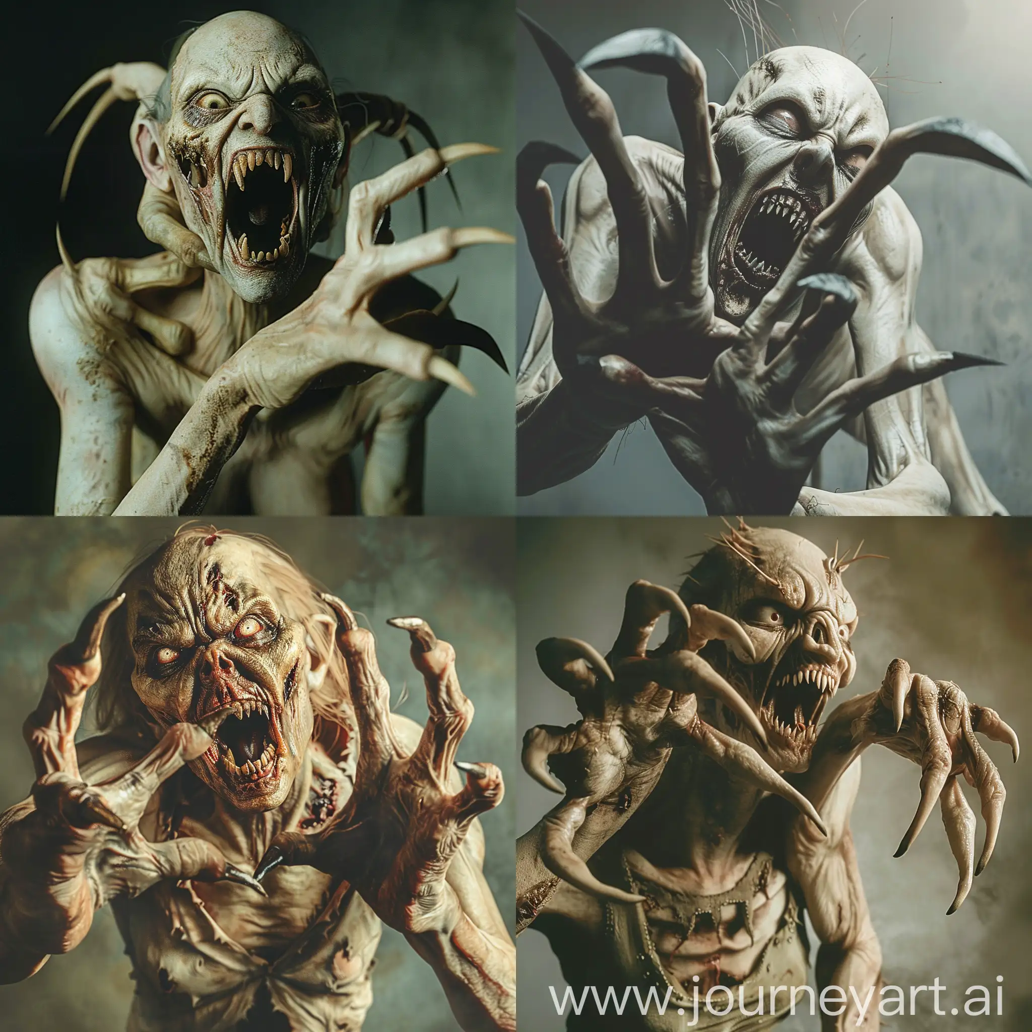 Generate a chilling description of a zombie woman with long, curved pointed nails protruding from her five fingers like menacing claws. Her skin is pale and rotting, her eyes vacant, and her mouth wide open, revealing a row of sharp, pointed teeth resembling fangs while in a dynamic aggressive pose.