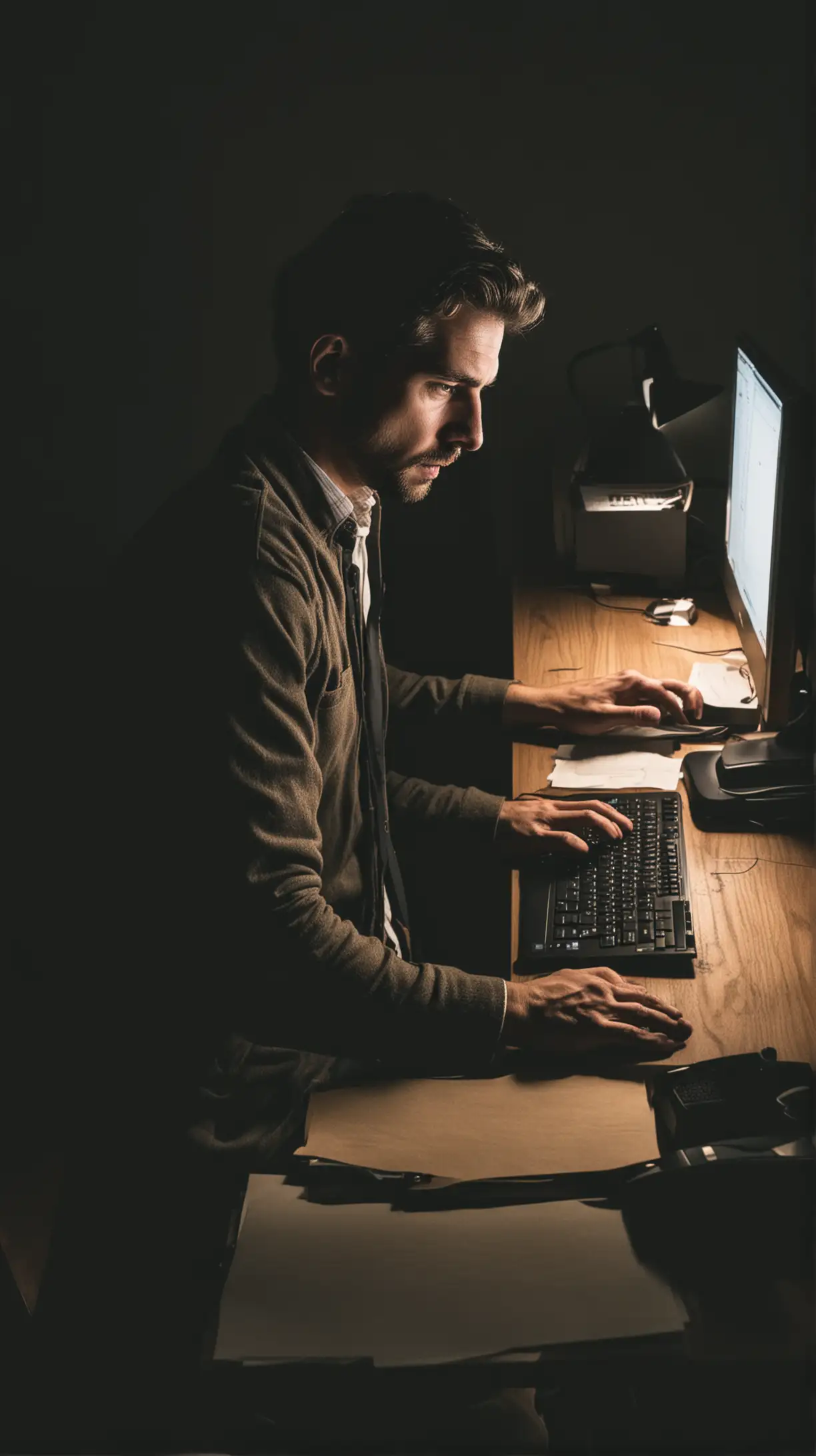 Focused Man Working Late on Computer in Dimly Lit Office