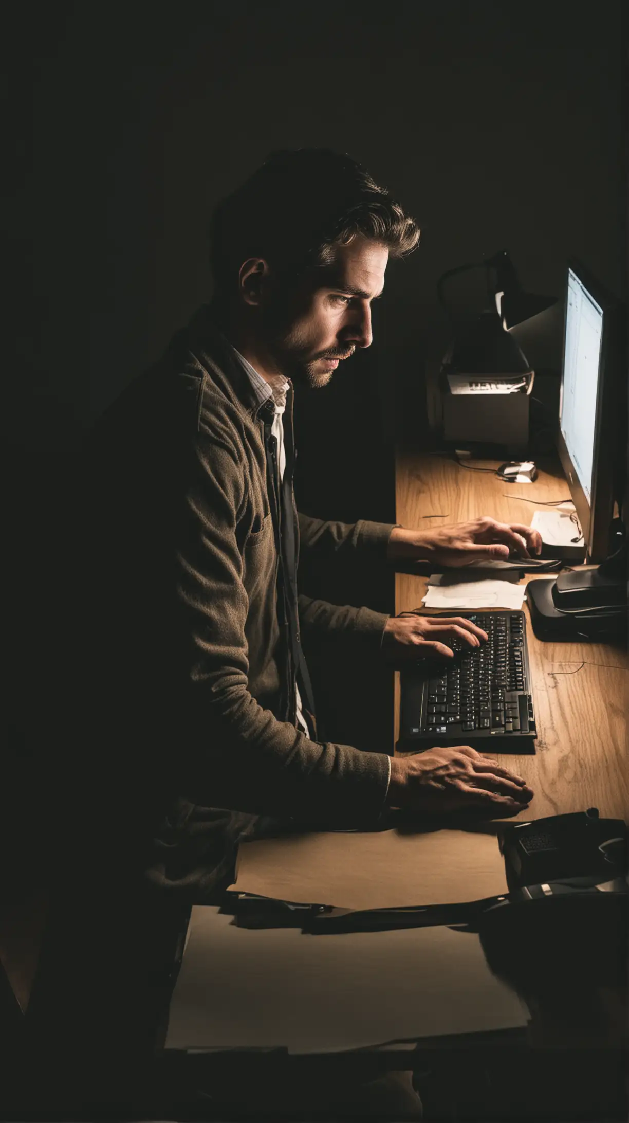 A man sitting at his desk in the dark hurrying to finish a project on his computer 