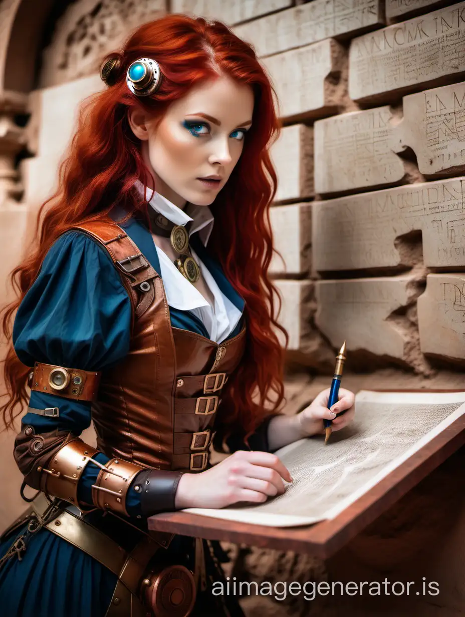 Steampunk heroine with red hair and blue eyes discovers ancient writing on the walls of a tomb.