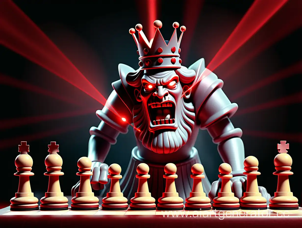 Шахматна фигура Король с лучами красного лазера, идущего из глаз и испепеляющего своим взглдом шахматную фигуру соперника