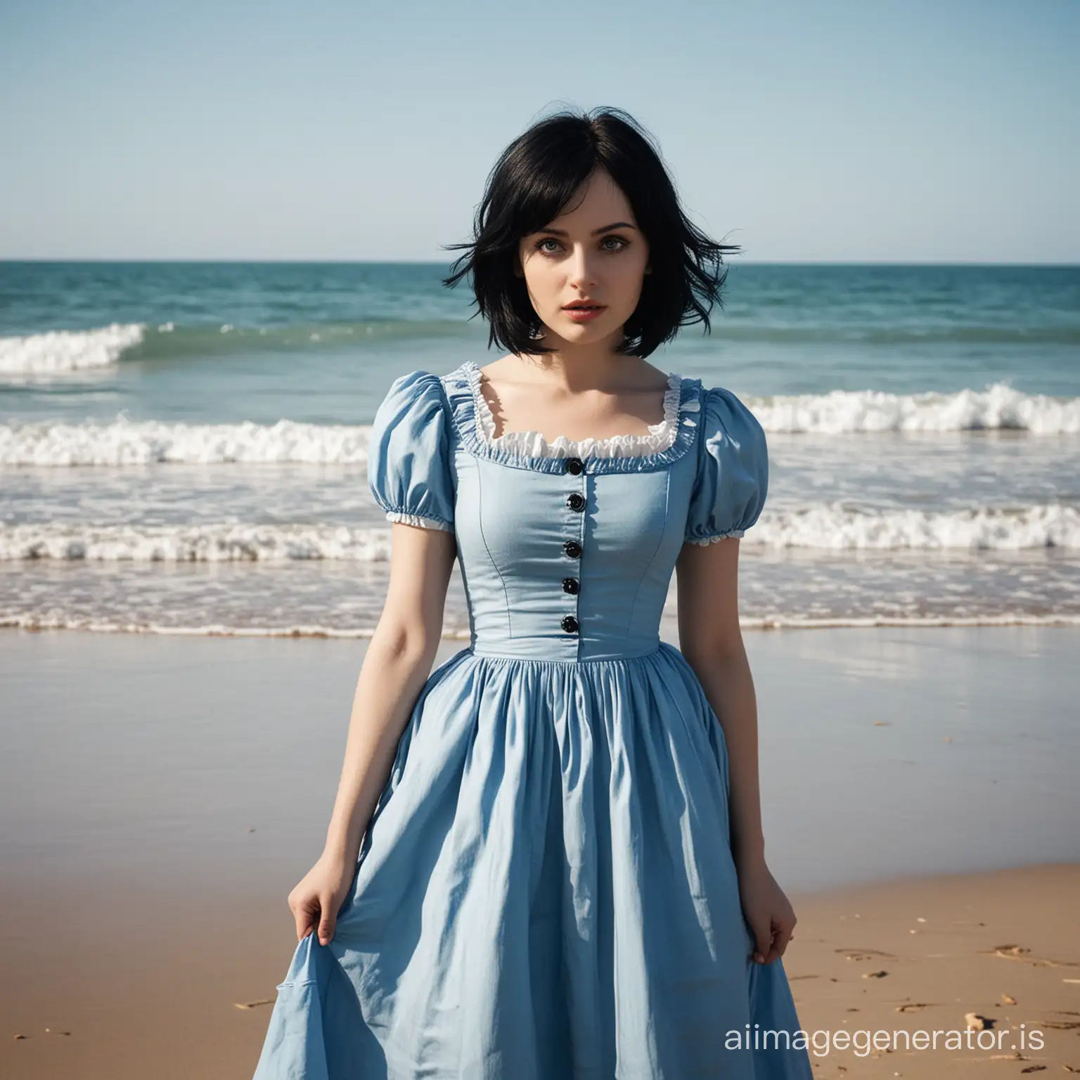 alice in wonderland with black bob in blue dress madness returns at a beach