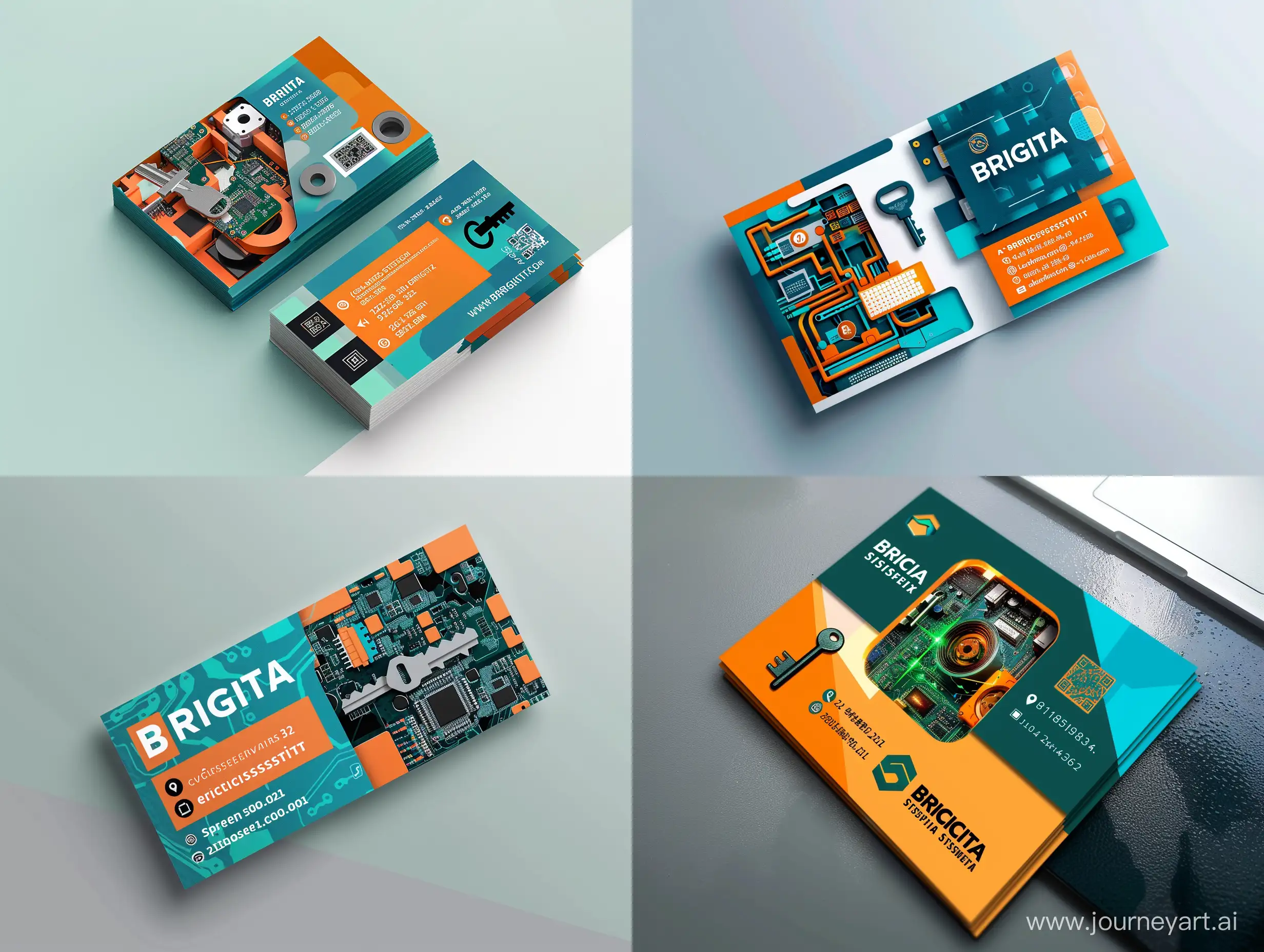Come up with a design of a business card  for the Cybersecurity Systems Engine of the company name BRIGITA. Computer parts or security key should be visible inside. The company provides information technology  and Cybersecurity services. The corporate colors are orange, blue and light green. 