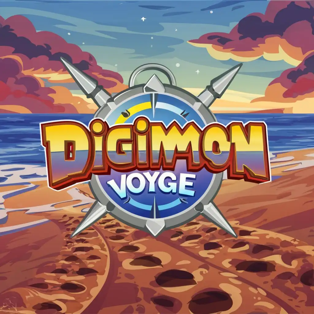 a logo design,with the text 'Digimon voyage' , main symbol:compass in the O having a beach background with paw prints in the sand, Moderate, cartoon  background