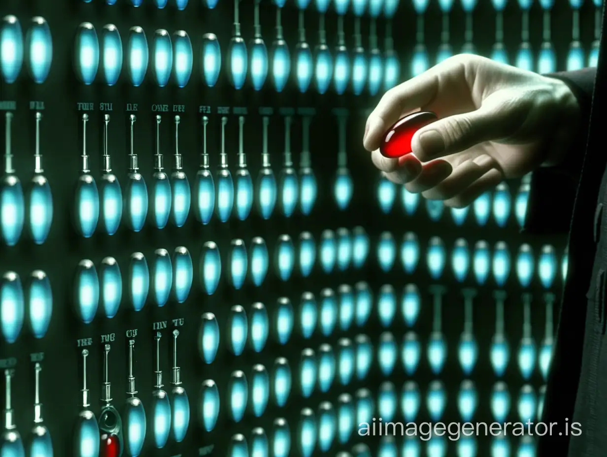 scene from the movie matrix, choosing the blue or red pill