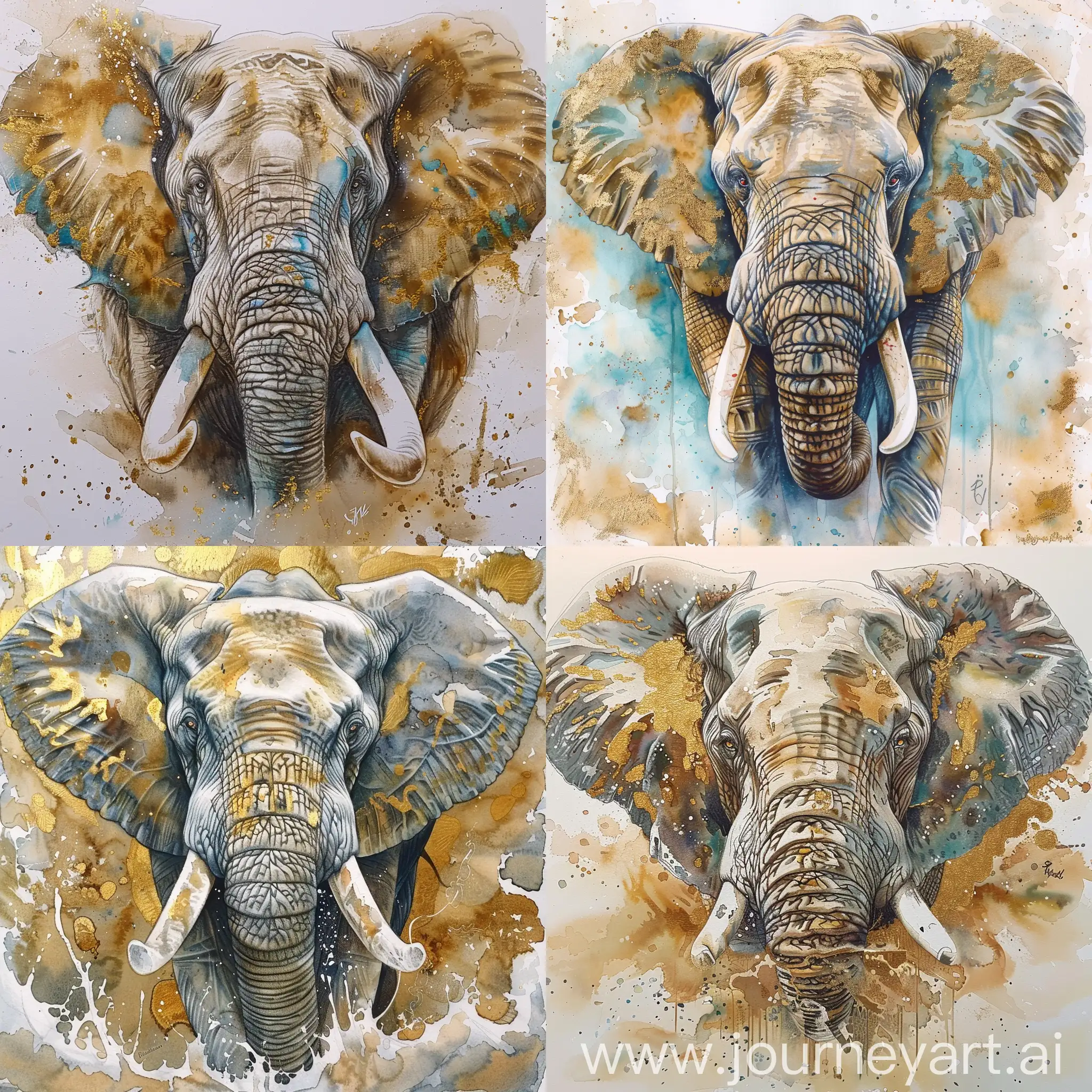 A grown up elephant  with eyes of wisdom Looping at me , painted in  watercolours of gold , türkise, and White 