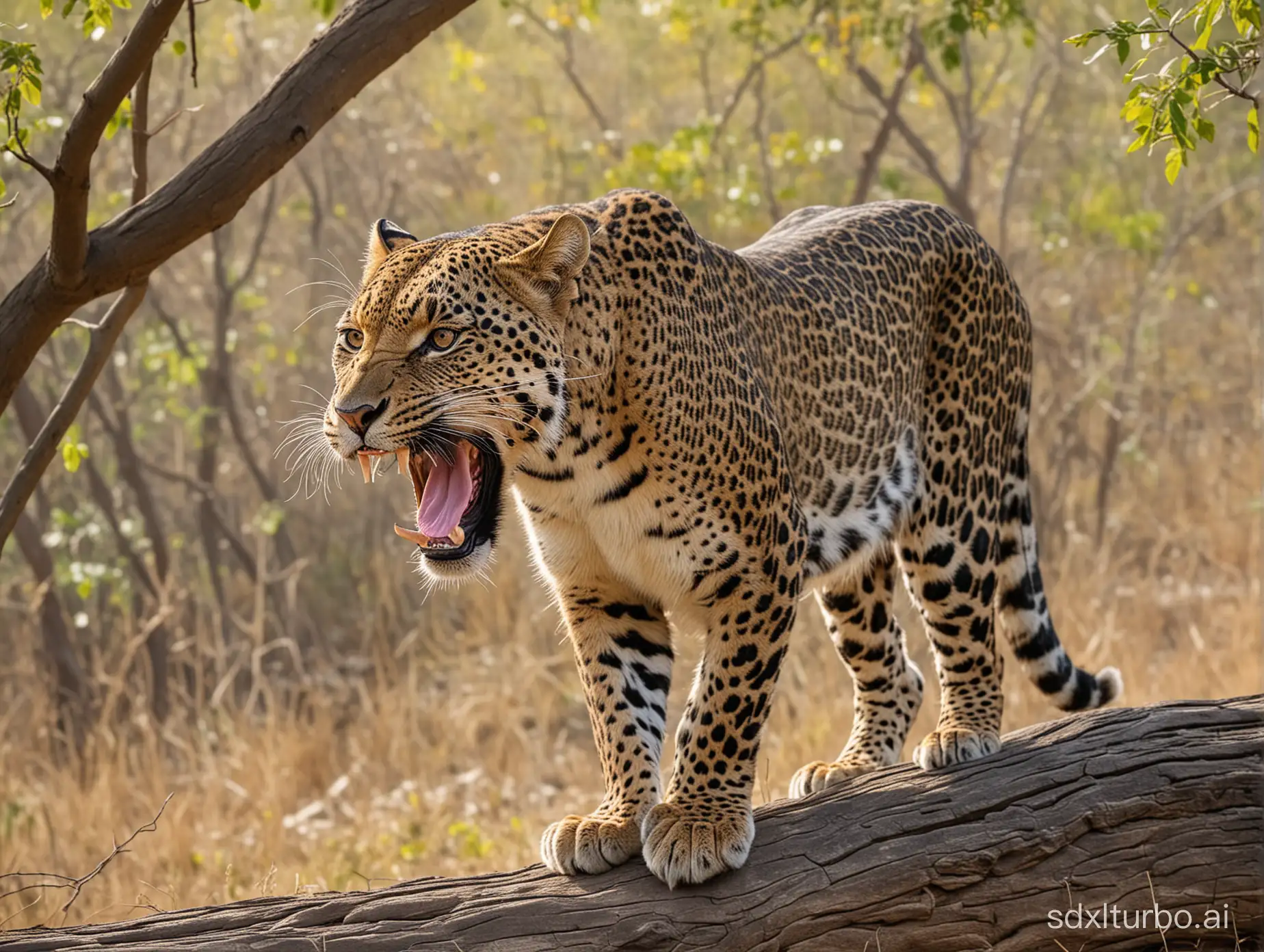 Majestic-Indian-Leopard-Snarling-in-Lush-Forest-Landscape