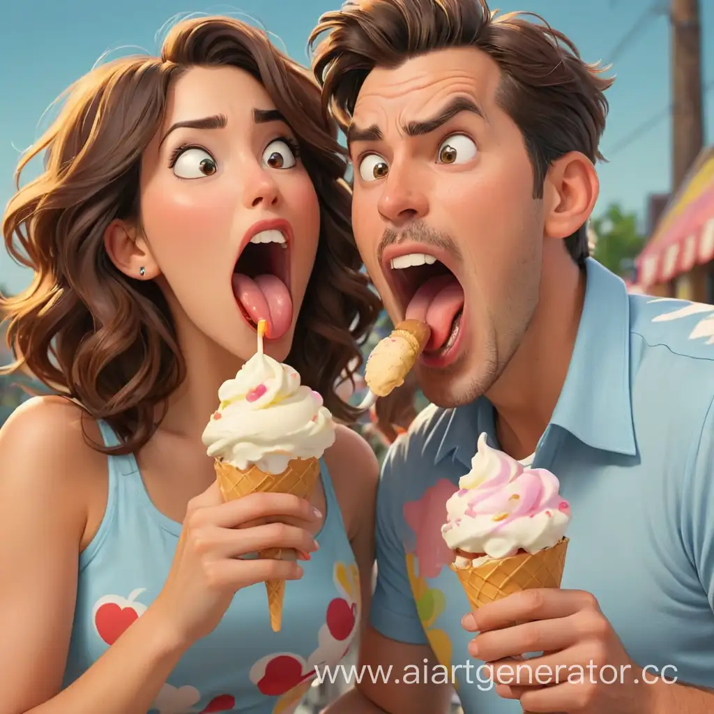 A cartoon man and a woman licks a tongue in his mouth that licks a ice cream 