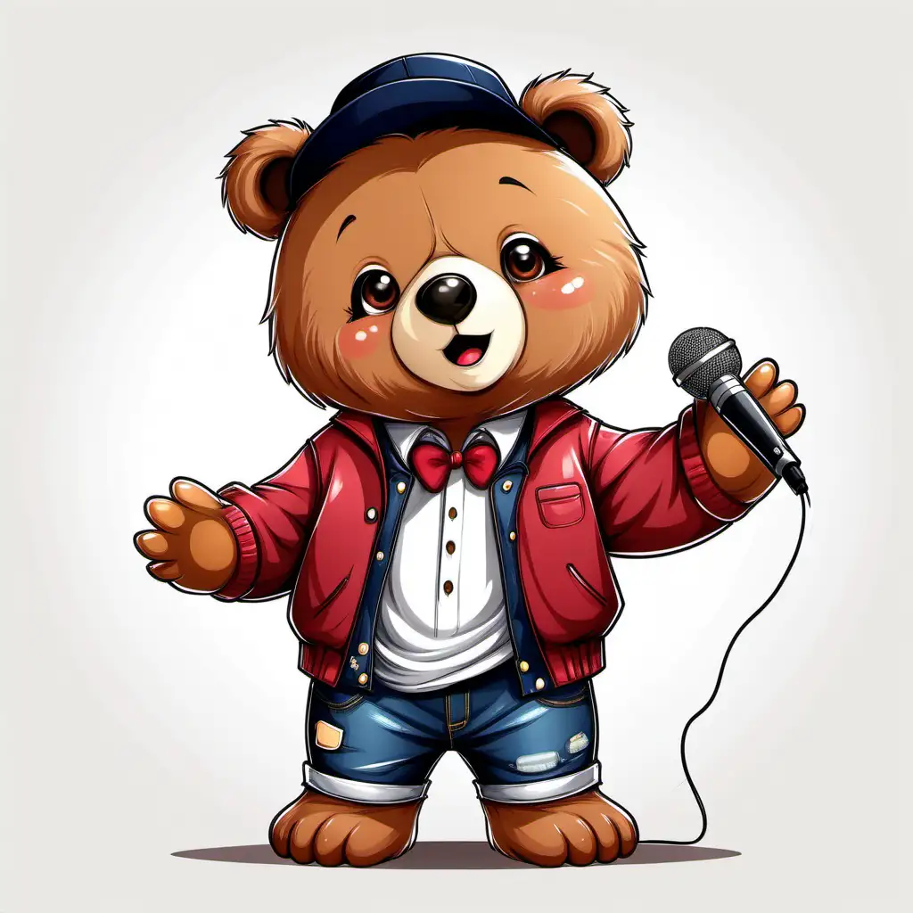 a cute bear in cartoon style with singer clothes with white background