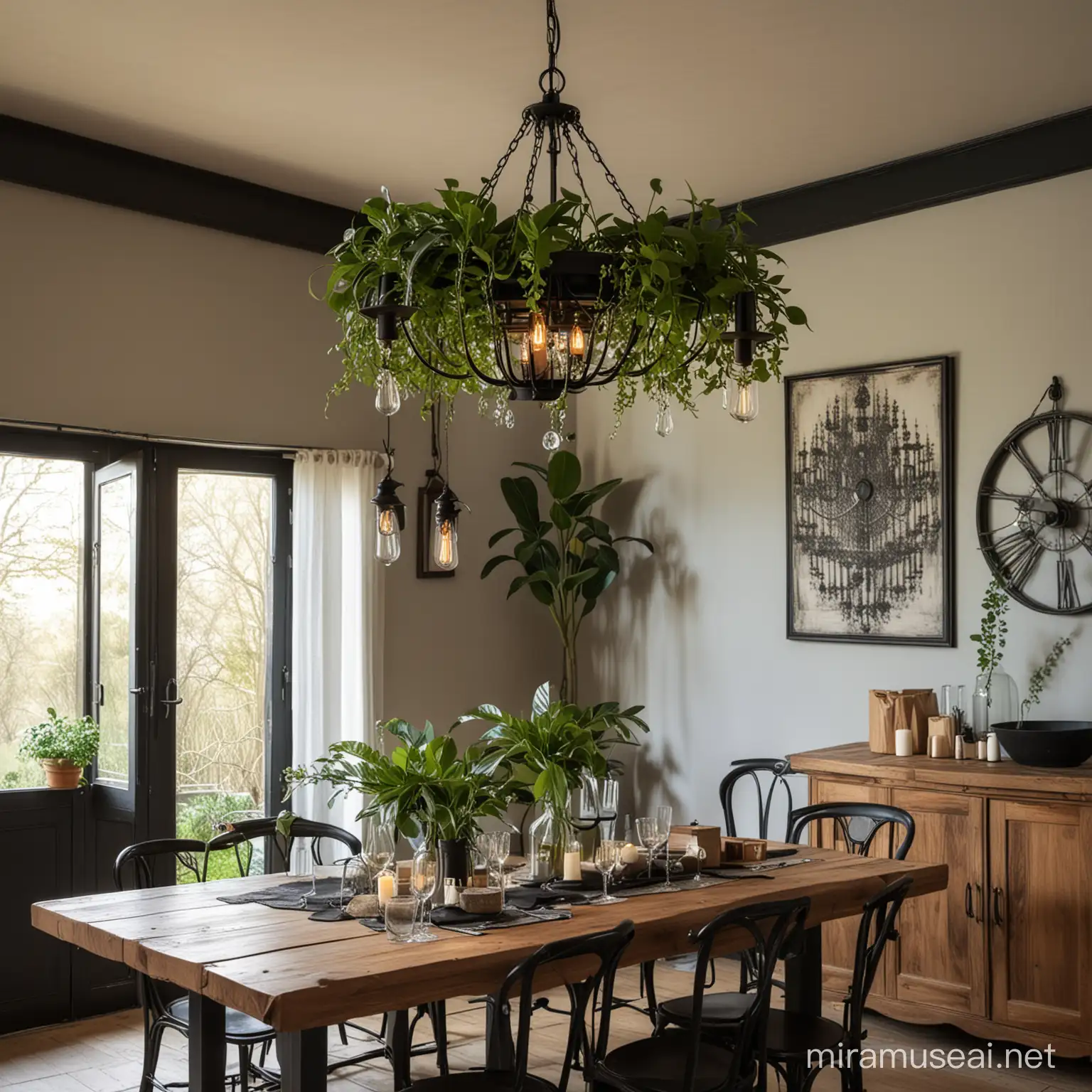 black metal chandelier, slightly gothic and steampunk in style, hanging over a wooden dining table, the chandelier is covered with hanging plants.