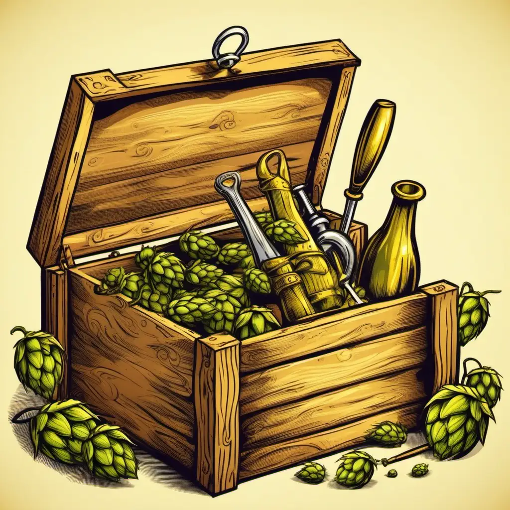 medieval, brewers tools with storage box, cartoon, hops