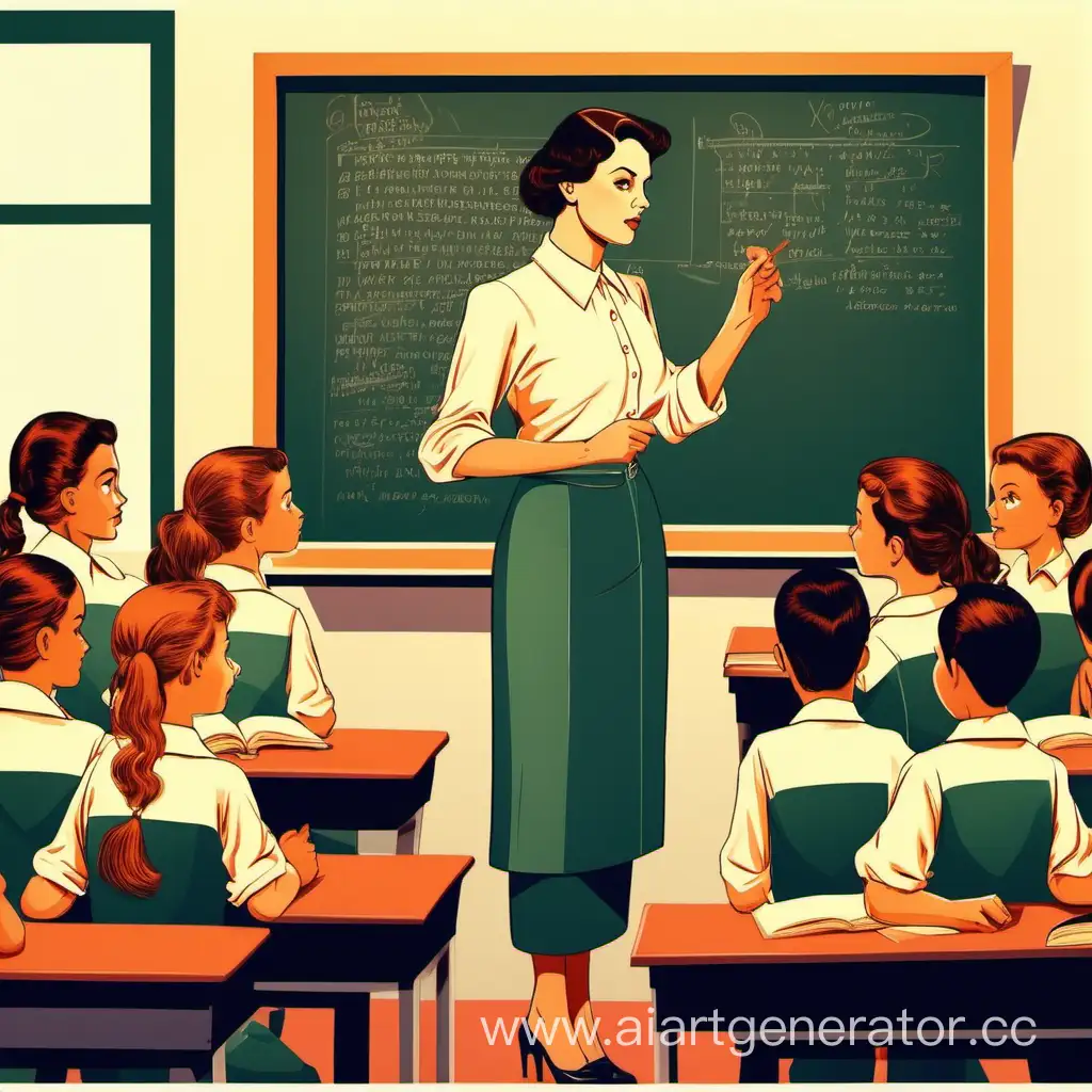 урок в школе с учителем-женщиной брюнеткой лет 40 стоит у доски.  много учеников вокруг нее. стилистика советского плаката