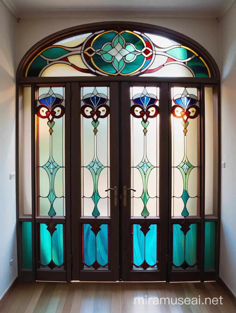 витражная перегородка, между стенами комнаты -гостиной, выполнена по технологии тиффани, из цветного стекла в стиле ар нуво 