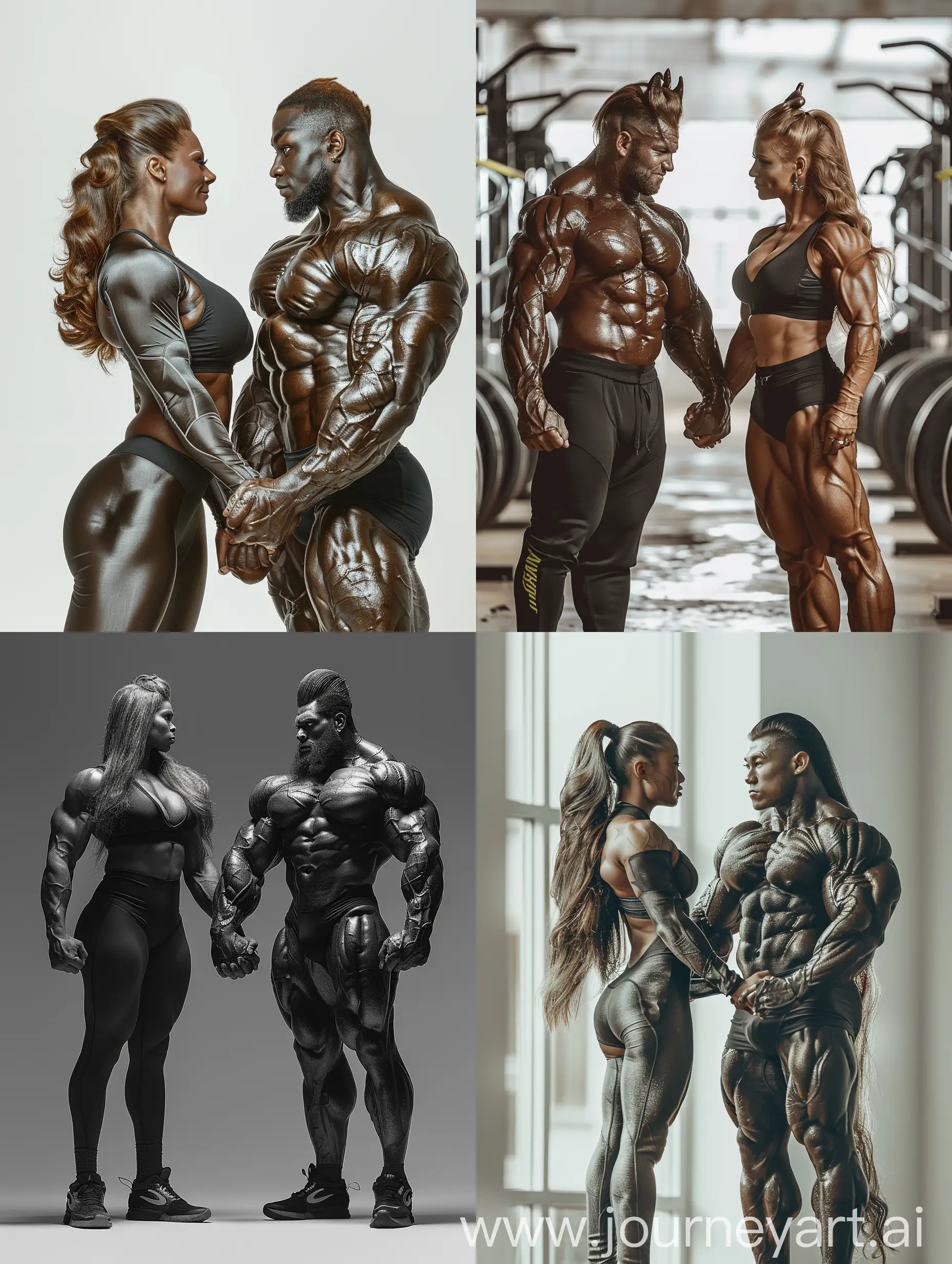 cool aestetic bodybuilders coupe of female and male beast holding hands looking at you full size