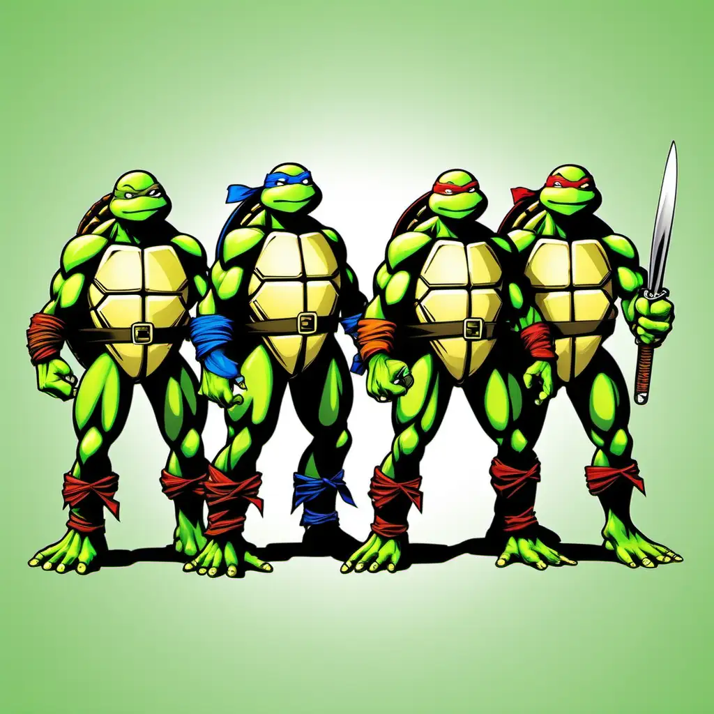 exact clipart illustration of the four teenage mutant ninja turtles from the popular movie, standing full body on a black ground, all four turtles are green in color, the background of the photo is white