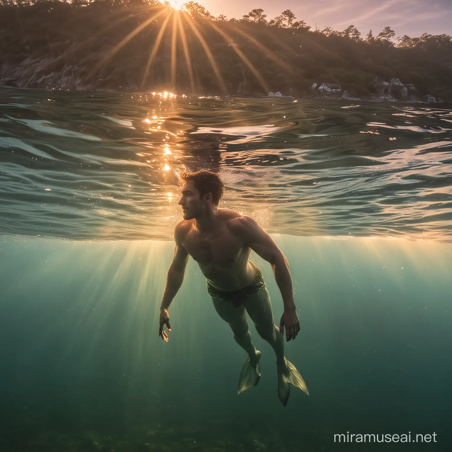 Merman swimming right below the surface of the water coming towards me with a ba kground of a setting sunset on the water 