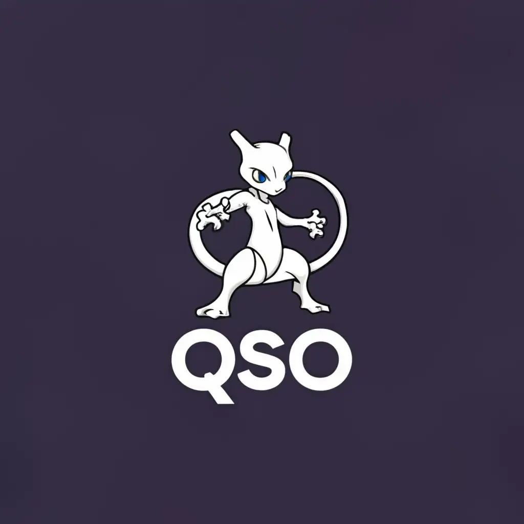 a logo design,with the text "qso", main symbol:pokemon Mewtwo,Minimalistic,clear background