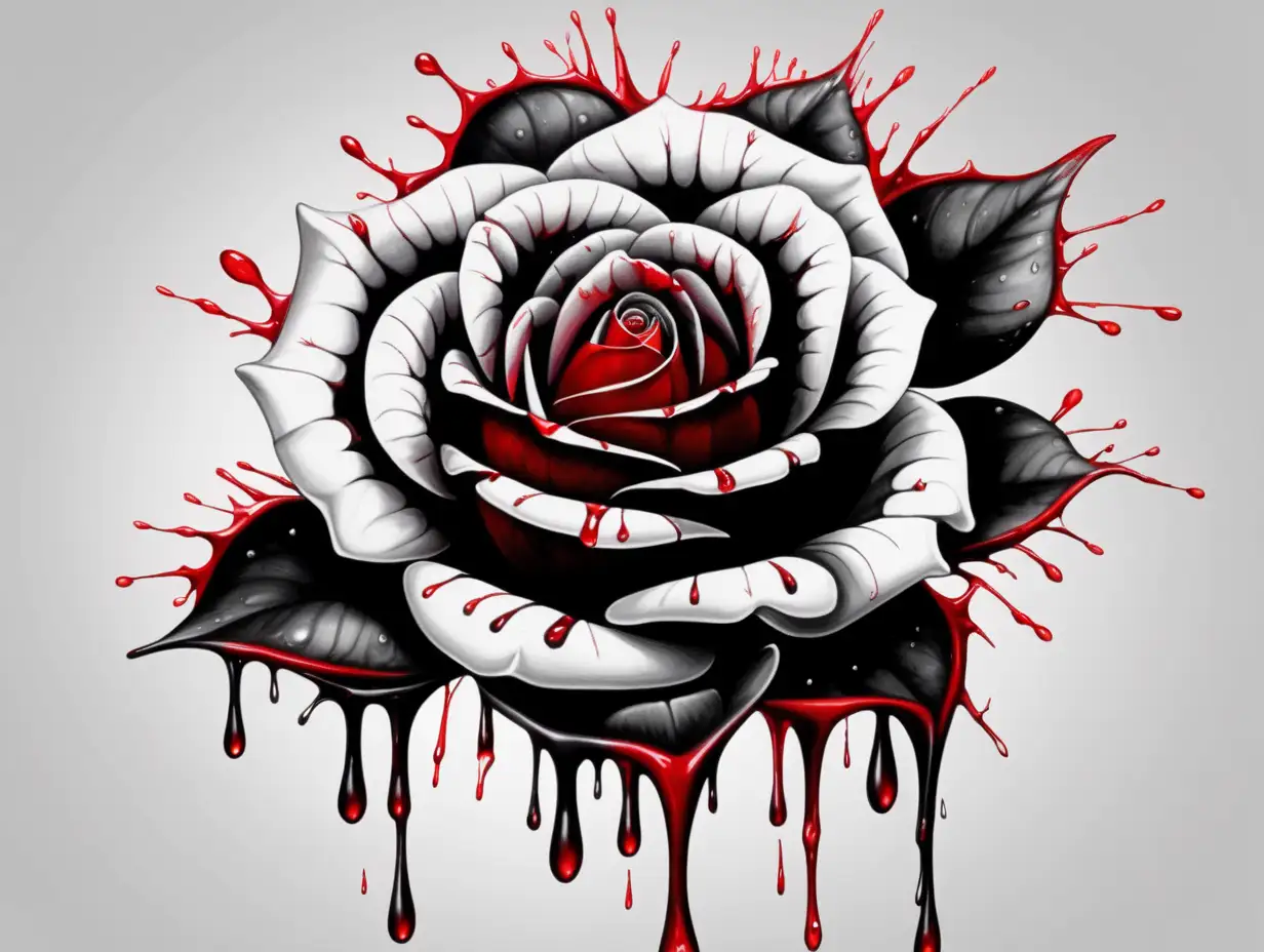 Give me a black and white design of a rose with red blood drops, crisp



 