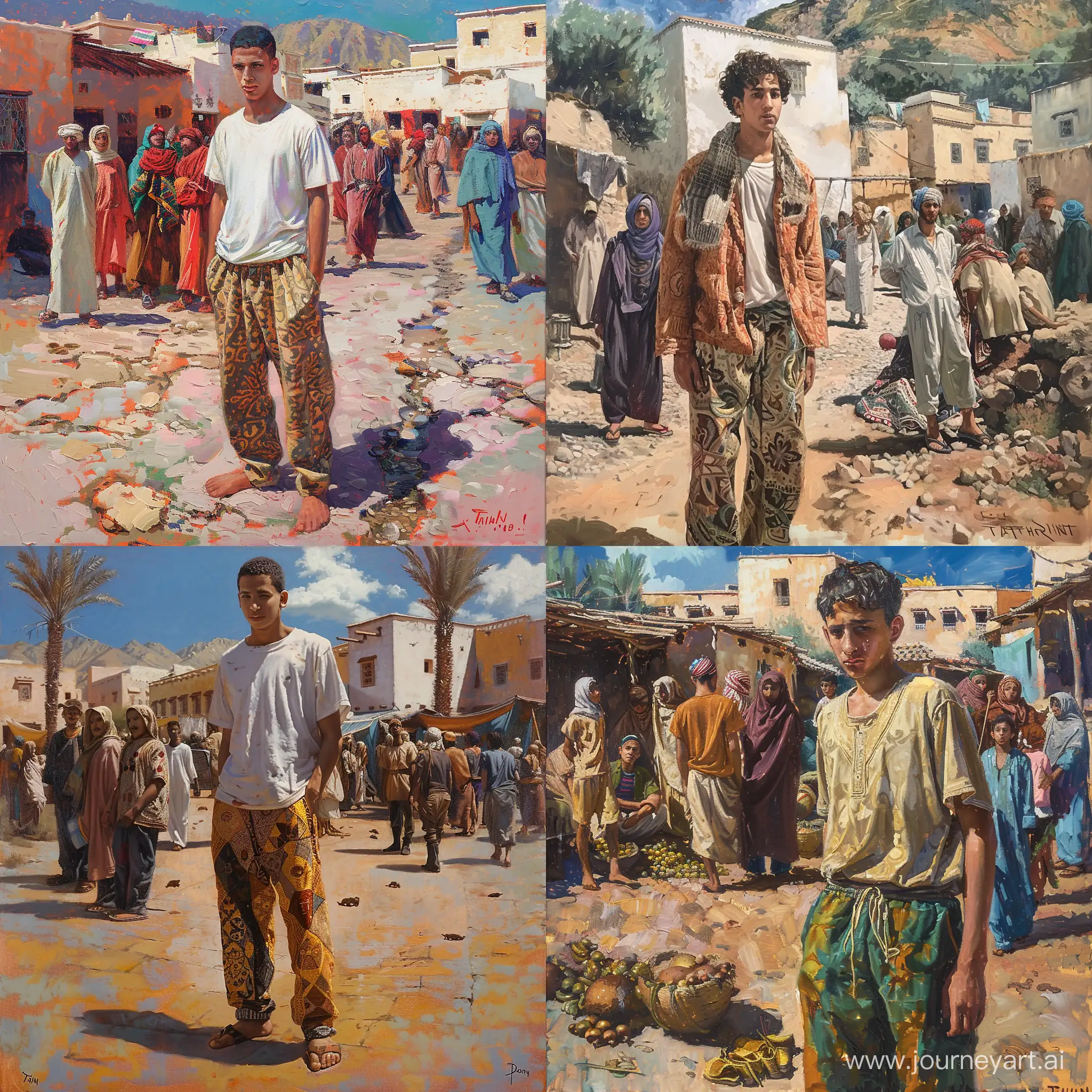 An oil painting depicting a young Moroccan man in a village whose people wear traditional Moroccan clothes, but he wears modern Tajin pants.