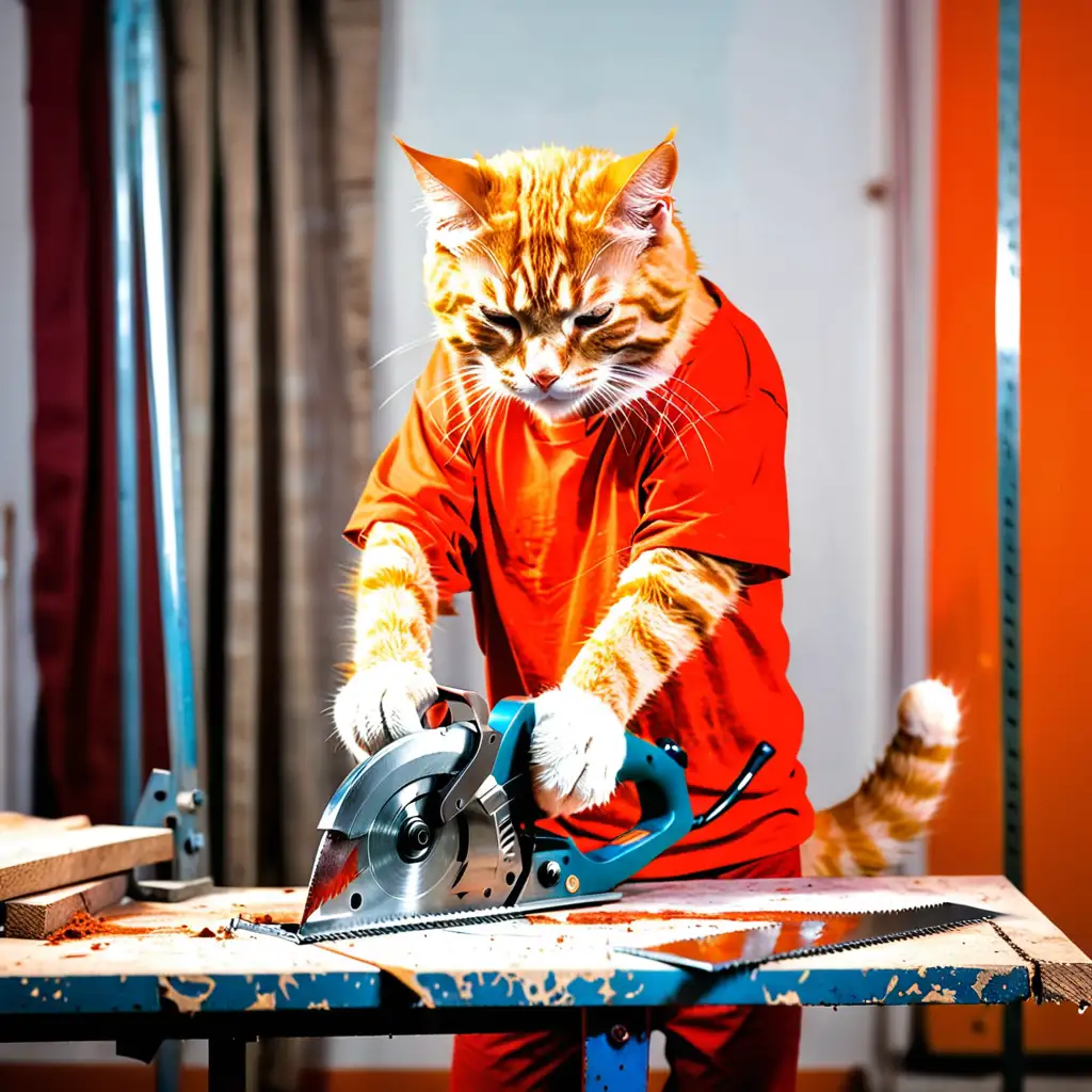 very cute orange cat. Red T-shirt. Cutting Iron with a Saw. in the room.