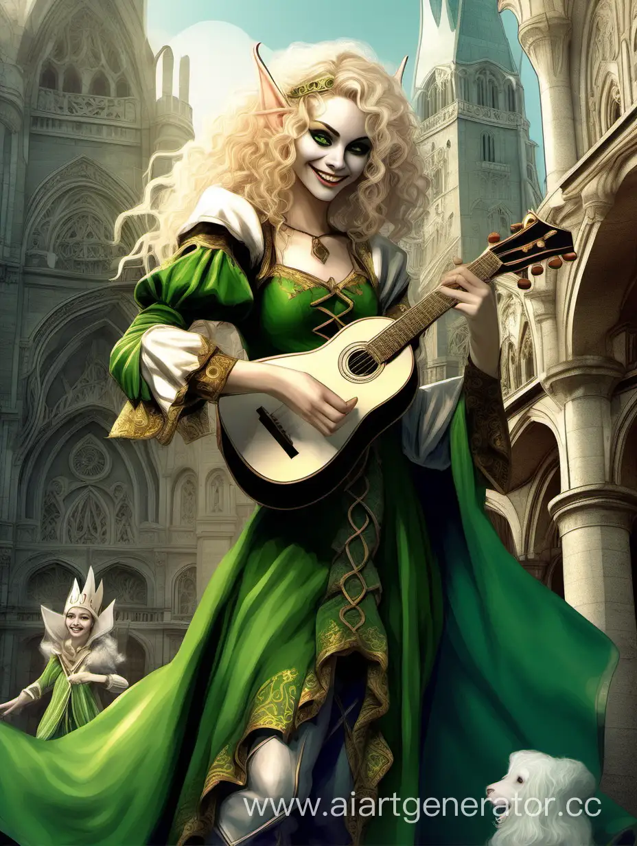 elf woman, black eyes, white skin, smiling widely, blond curly hair, bright green clothes of a jester, holding a lute, behind a fantasy city