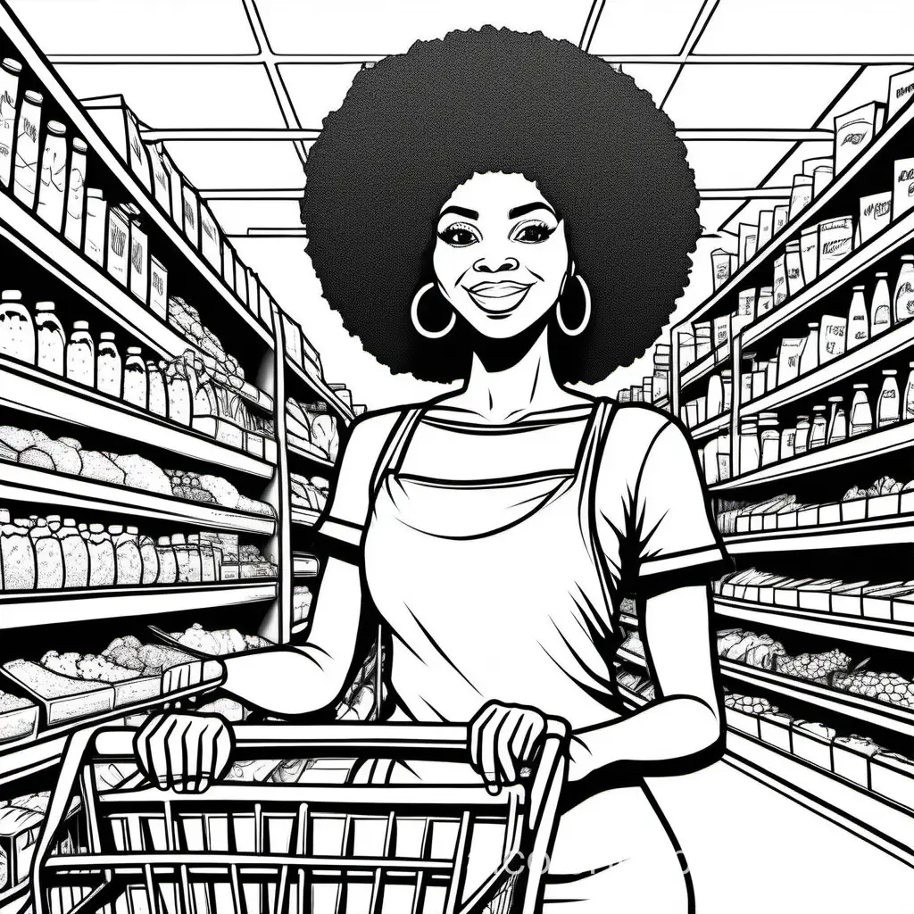 Beautiful african woman with afro at the grocery store, Coloring Page, black and white, line art, white background, Simplicity, Ample White Space. The background of the coloring page is plain white to make it easy for young children to color within the lines. The outlines of all the subjects are easy to distinguish, making it simple for kids to color without too much difficulty
