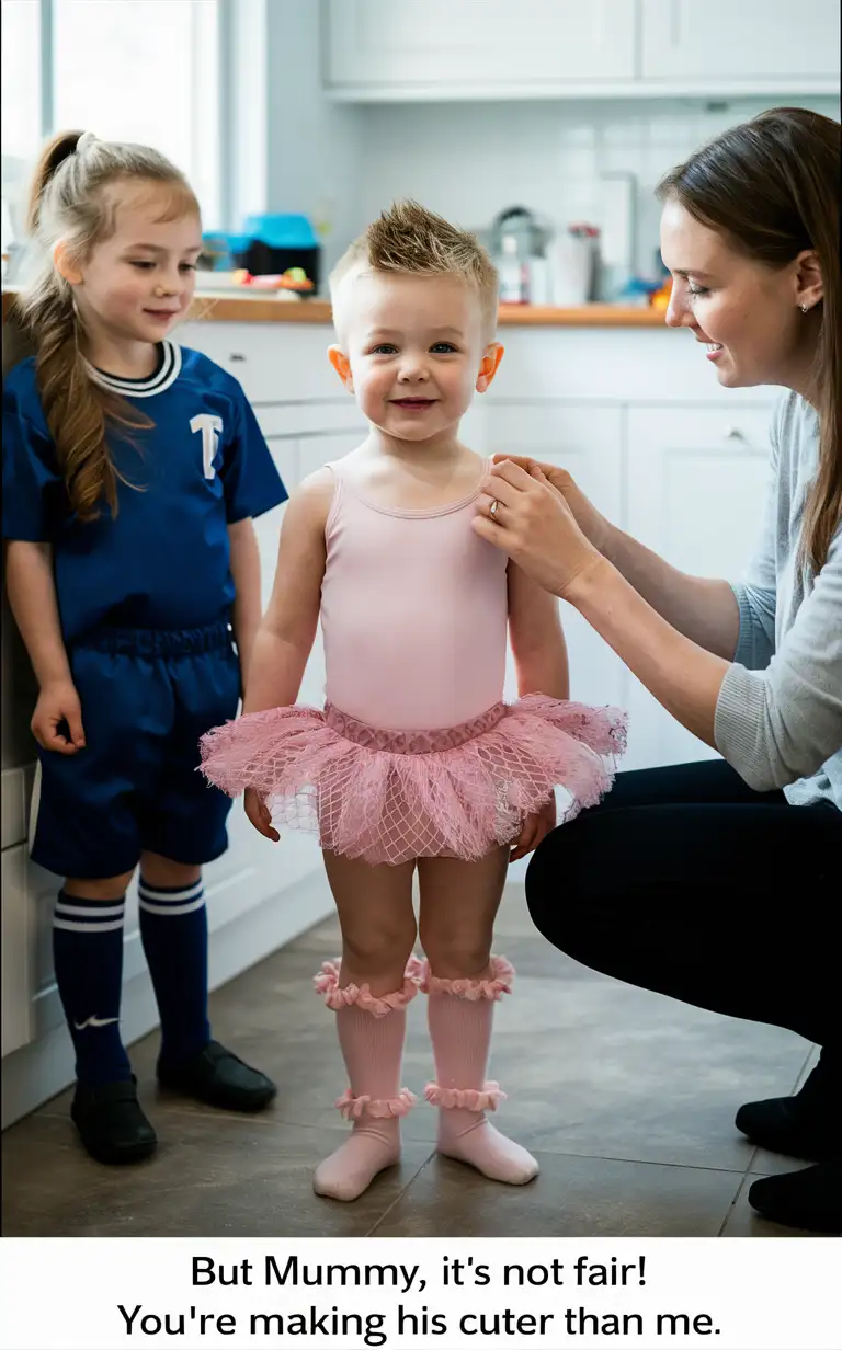 Gender role-reversal, Photograph of a mother dressing her young son, a cute thin unimpressed boy age 6 with a cute face and short smart spiky blonde hair, up in pink ballerina leotard and a frilly net tutu and frilly pink cotton socks, and she has dressed her young daughter, a girl age 7 with long hair in a ponytail, up in a blue football uniform, in a bright kitchen for fun on a dull day, the girl watches as the boy is dressed up, adorable, perfect faces, perfect faces, clear faces, perfect eyes, perfect noses, clear eyes, straight noses, smooth skin, photograph style, the photograph is captioned “But Mummy, it’s not fair! You’re making him cuter than me!”