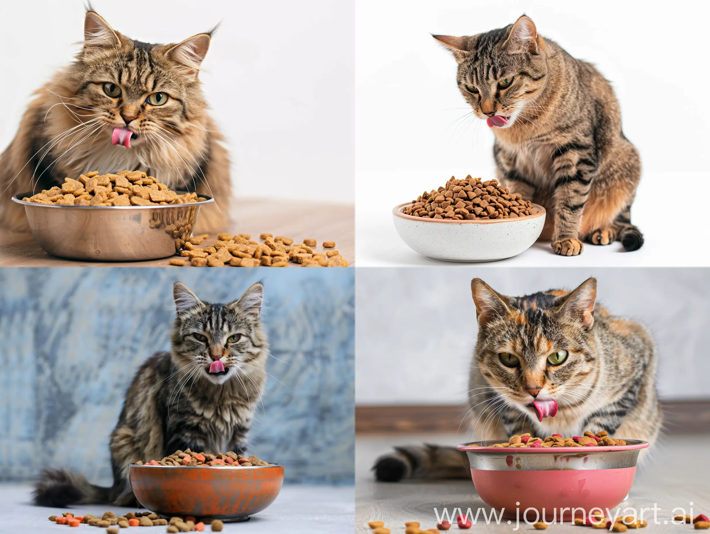 Overweight adult cat sitting with a large overflowing bowl of dry food while licking its lips
