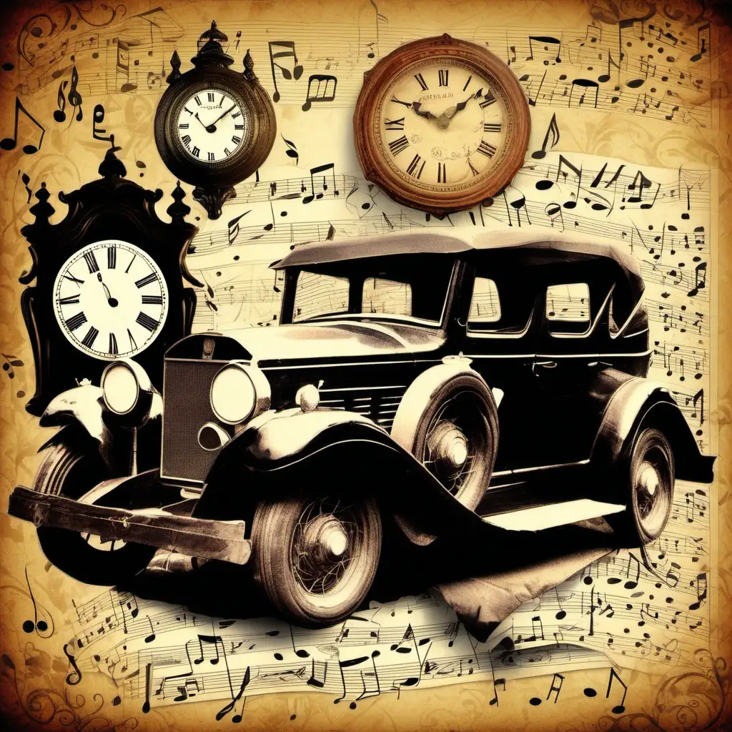 vintage paper design with vintage old man infront of an old car in the corner with music notes and vintage letters background with old clocks