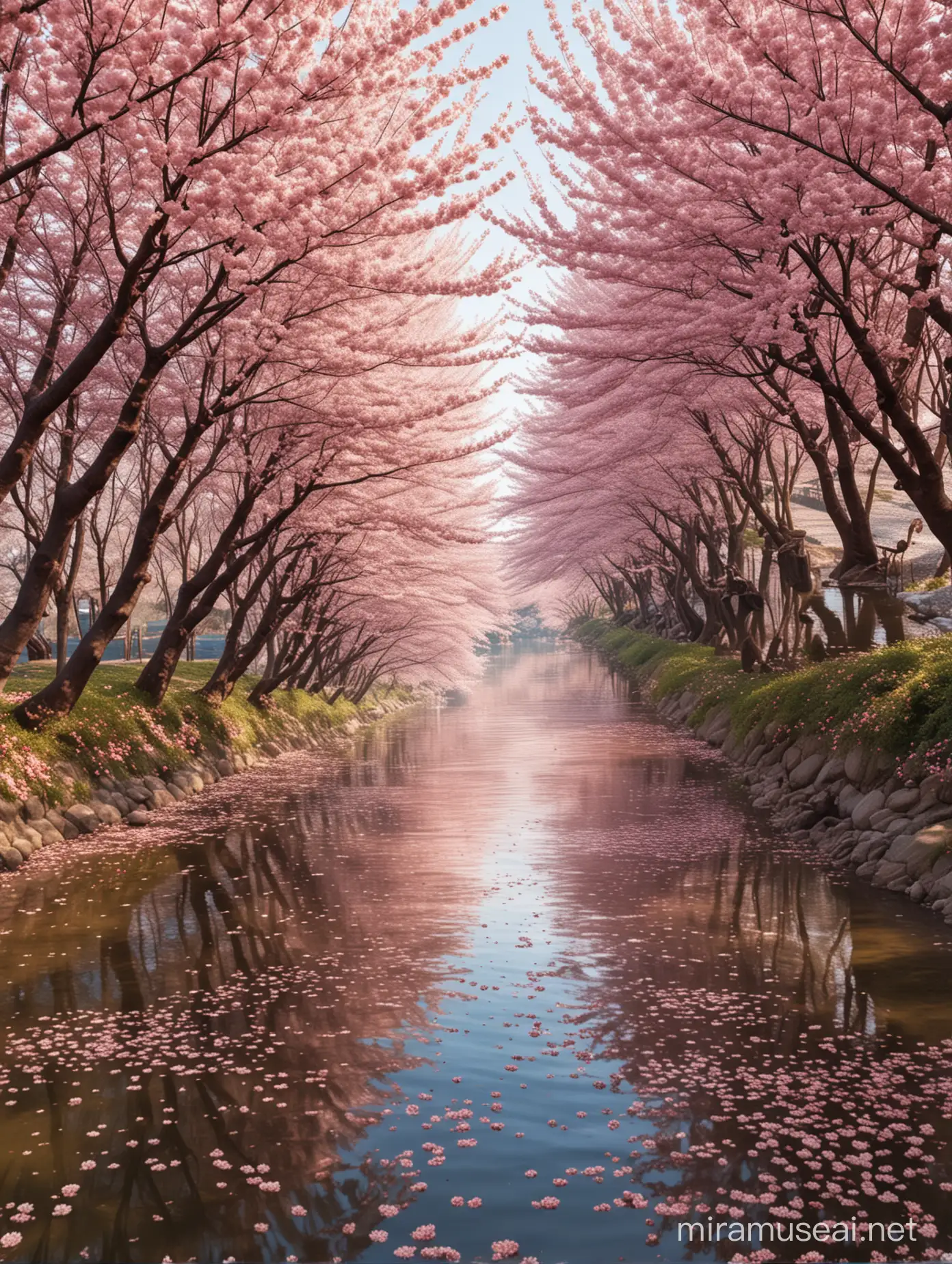 A breathtakingly beautiful real-life photograph of a river lined with fully bloomed cherry blossom trees on onesides, the river is covered with cherry blossom petals, sunlight filtering through the petals creating a serene and magical atmosphere, high resolution