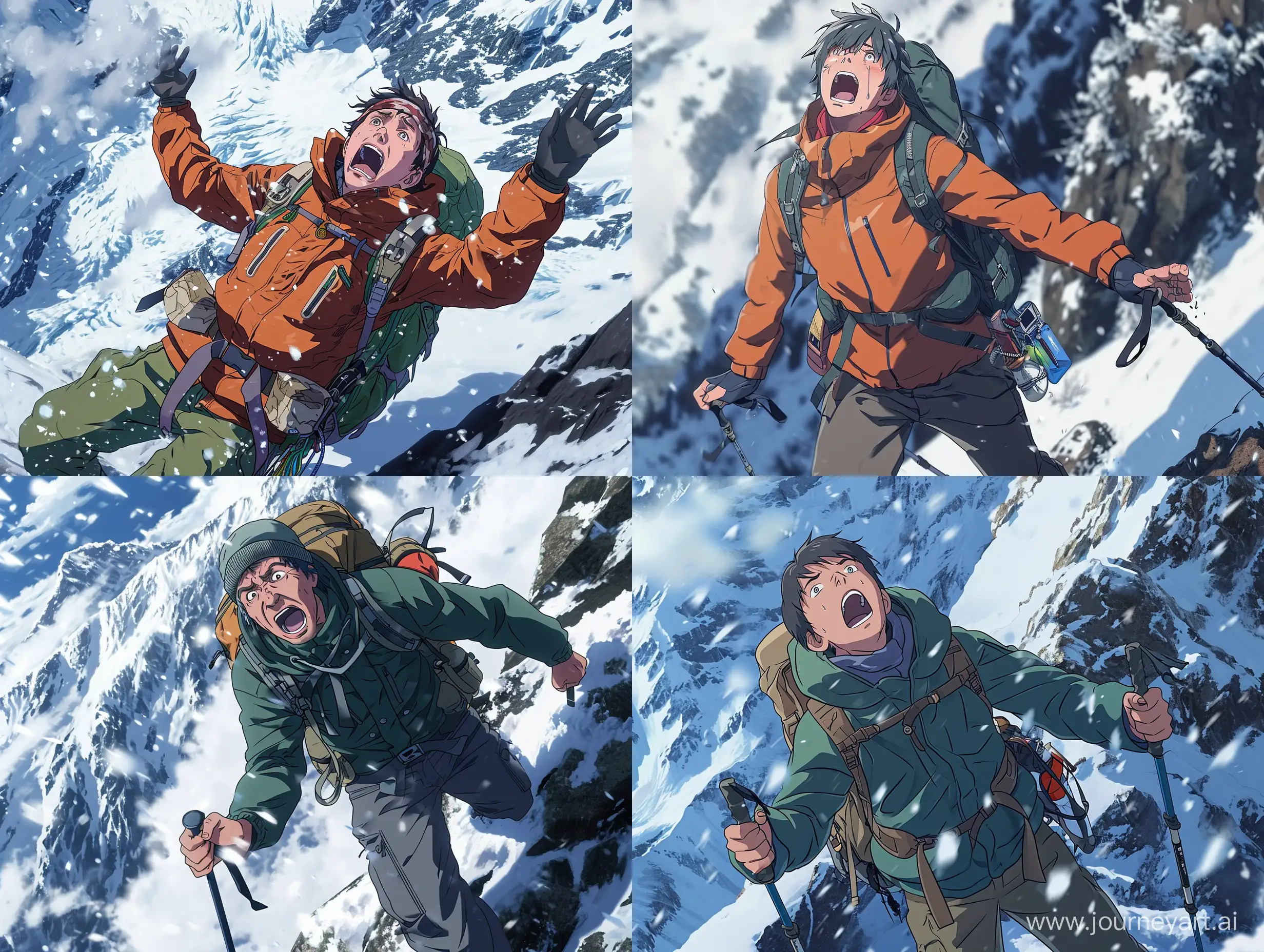 an anime scene ,  best quality, a man with hiking equipment is panic on a snowy mountain, he is seeking for an escape, ultra detailed --v 6 --ar 4:3 --q 2