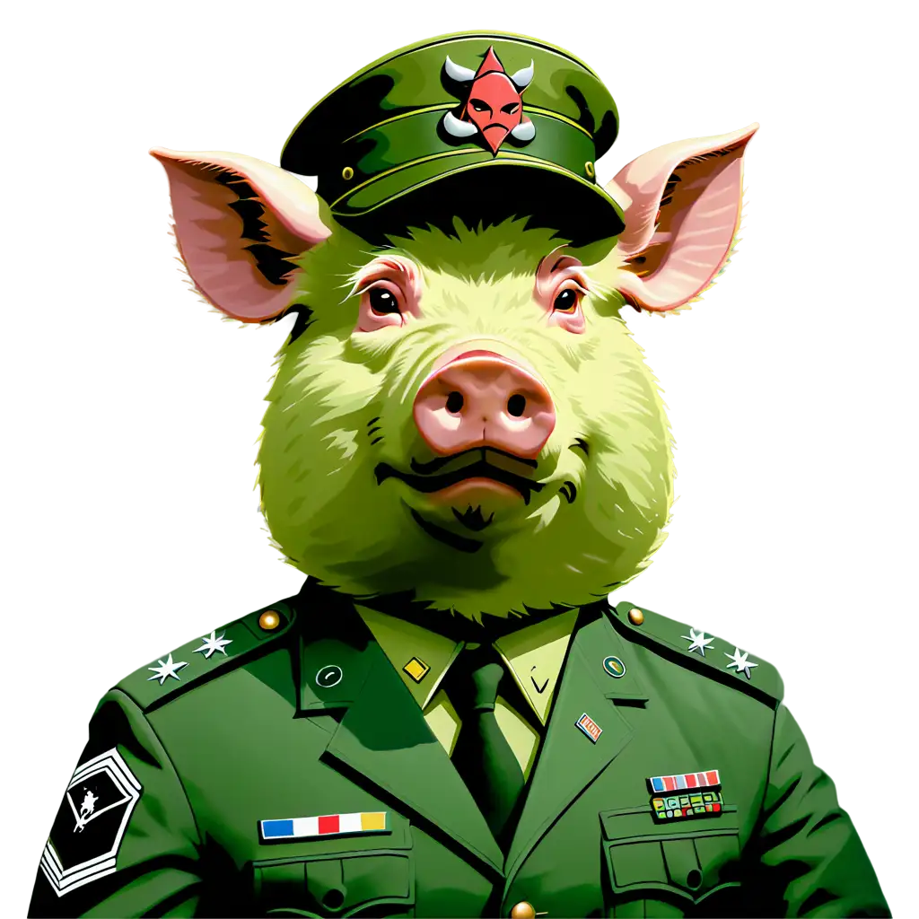 An angry satanic  pig in olive green army uniform