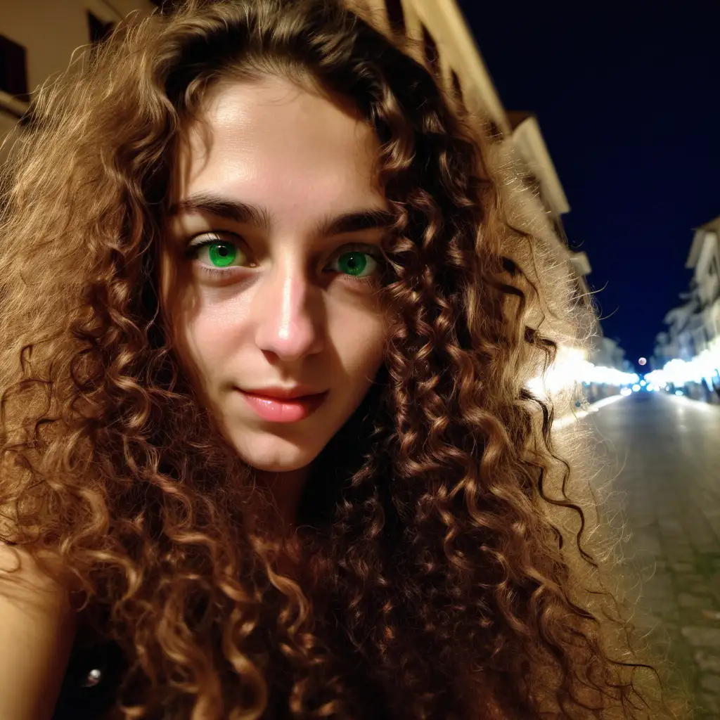 24 years old young woman from italy with long curly brown hair, green eyes, selfie at night, 