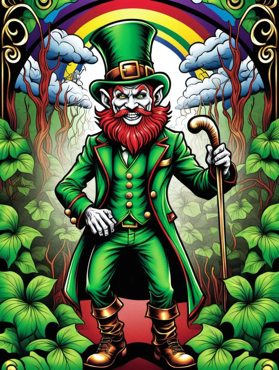 A colorful bright coloring book cover for adults:: evil Leprechaun:: high detail adult coloring book cover, plenty of green, and red, colorful, coloring book cover, crisp, thick outlines, use up the entire screen, storybook illustration  –ar 3:4 –v 4
