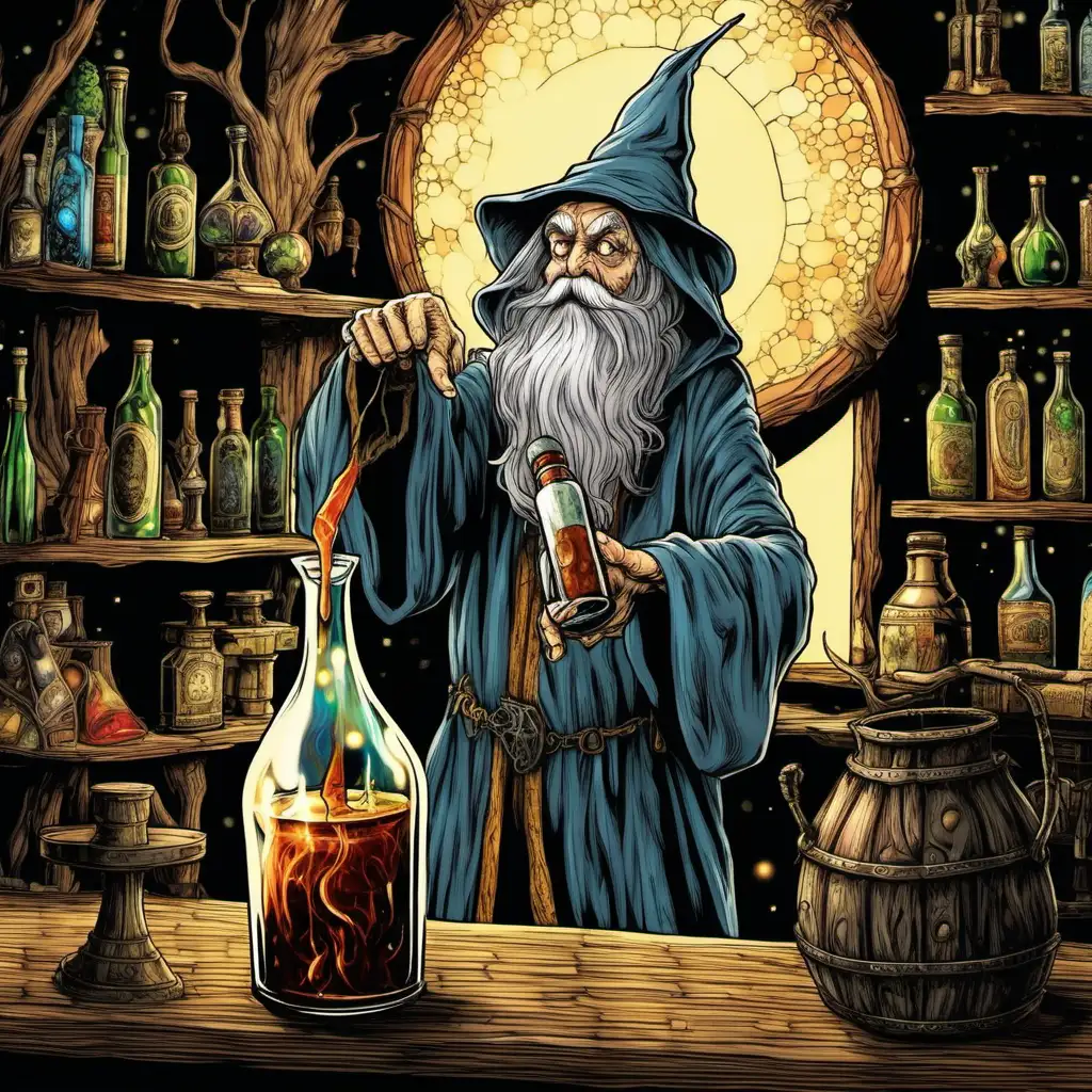 Old Wizard Pouring Potion into Glass in Dimly Lit Room