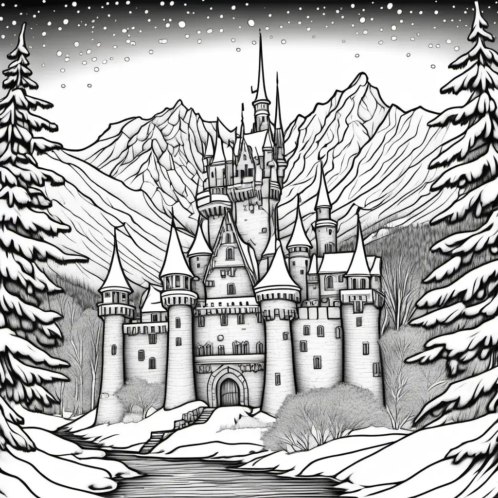 detailed winter coloring page for adults with a castle and snow-capped mountains