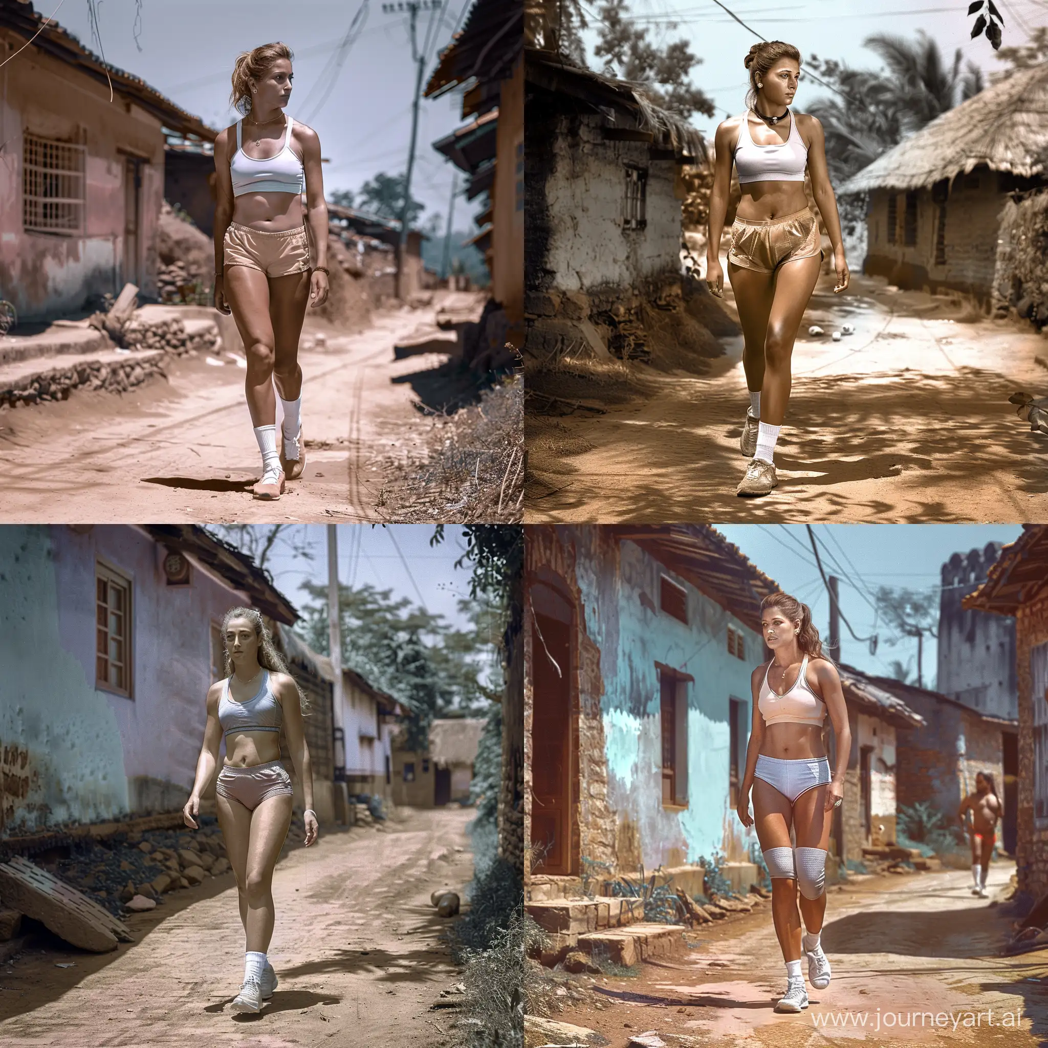 beautiful caucasian woman, tall, broad shoulders, gym figure walking in short shorts, sports bra, white socks with shoes in an Indian village pre independence colorised --v 6 --ar 1:1 --no 75573
